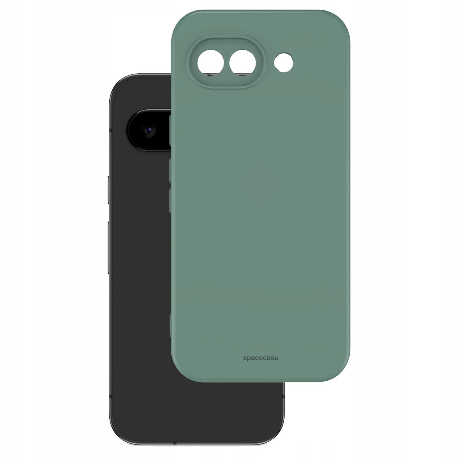 Czarny smartfon z zielonym etui i wycięciem na aparat.