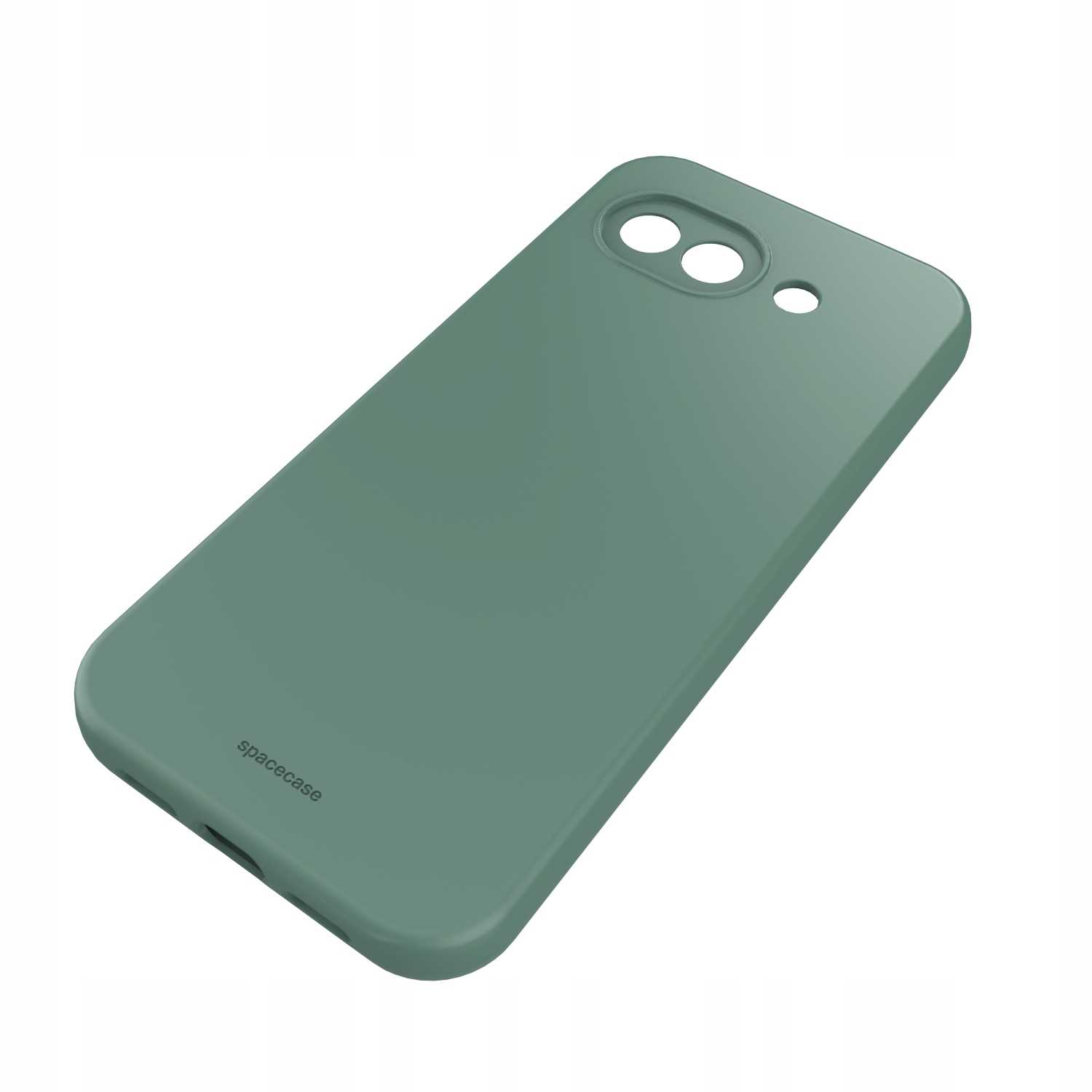 Zielone etui na telefon z wycięciami na aparat i porty.