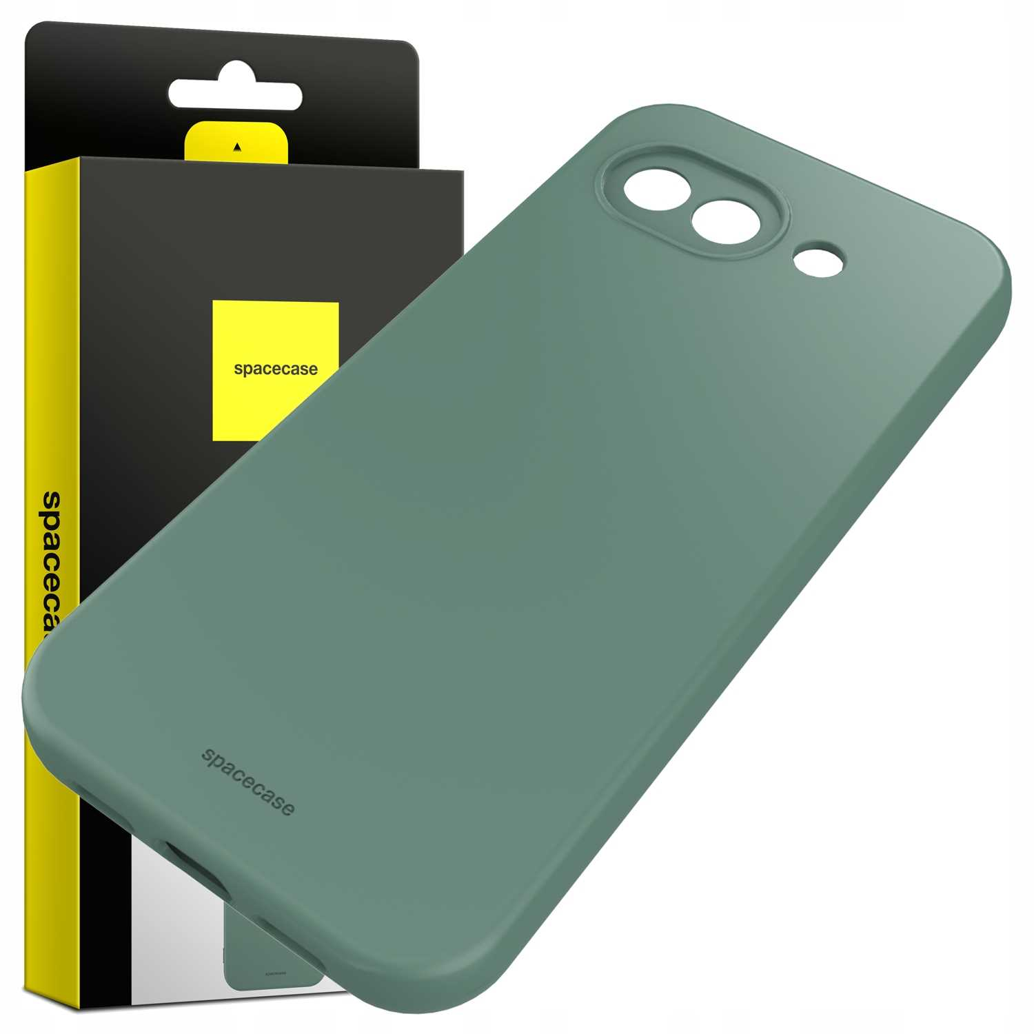 Zielone etui na telefon obok czarnego opakowania z żółtymi akcentami.