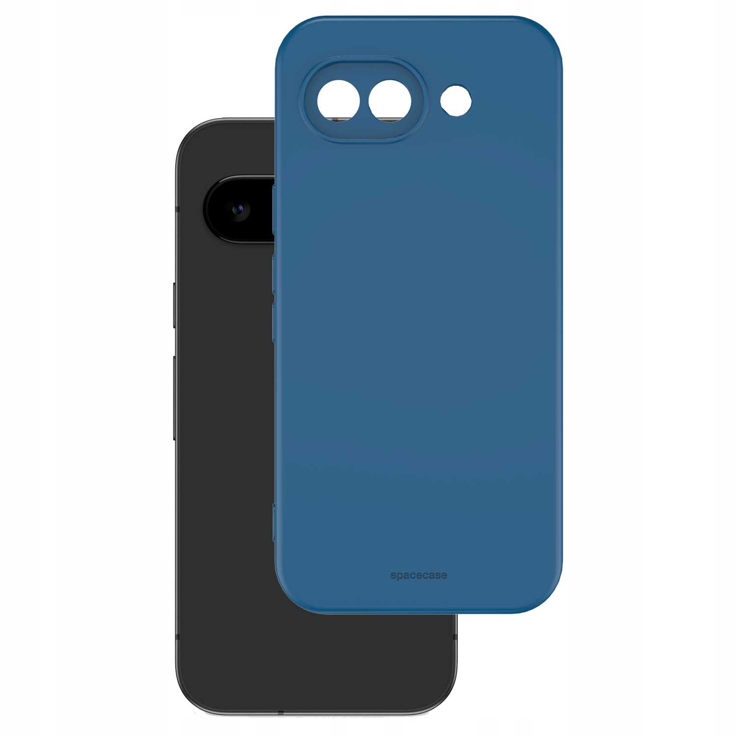 Niebieskie etui na telefon położone na czarnym telefonie.