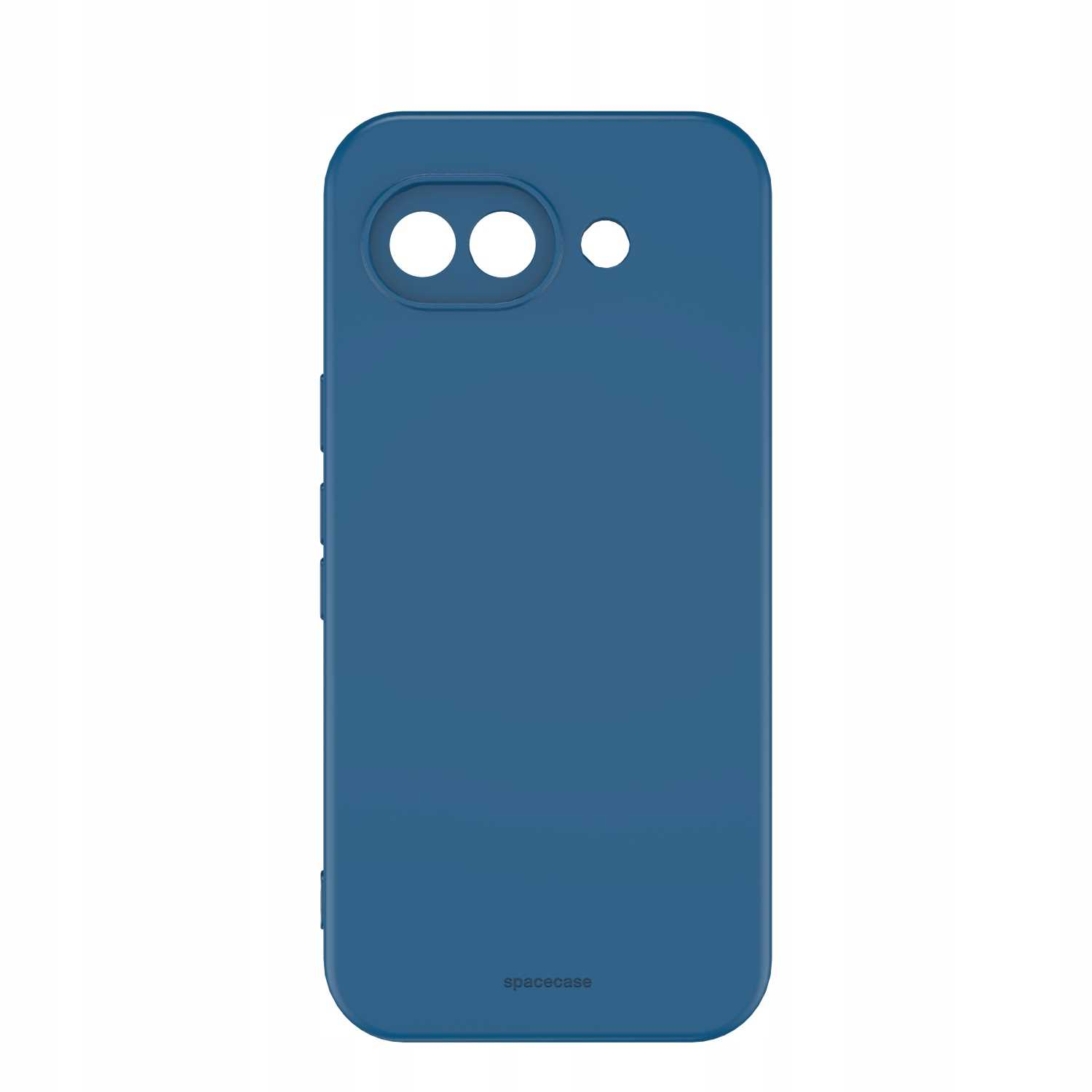 Niebieskie etui na telefon z wycięciami na aparat i logo.