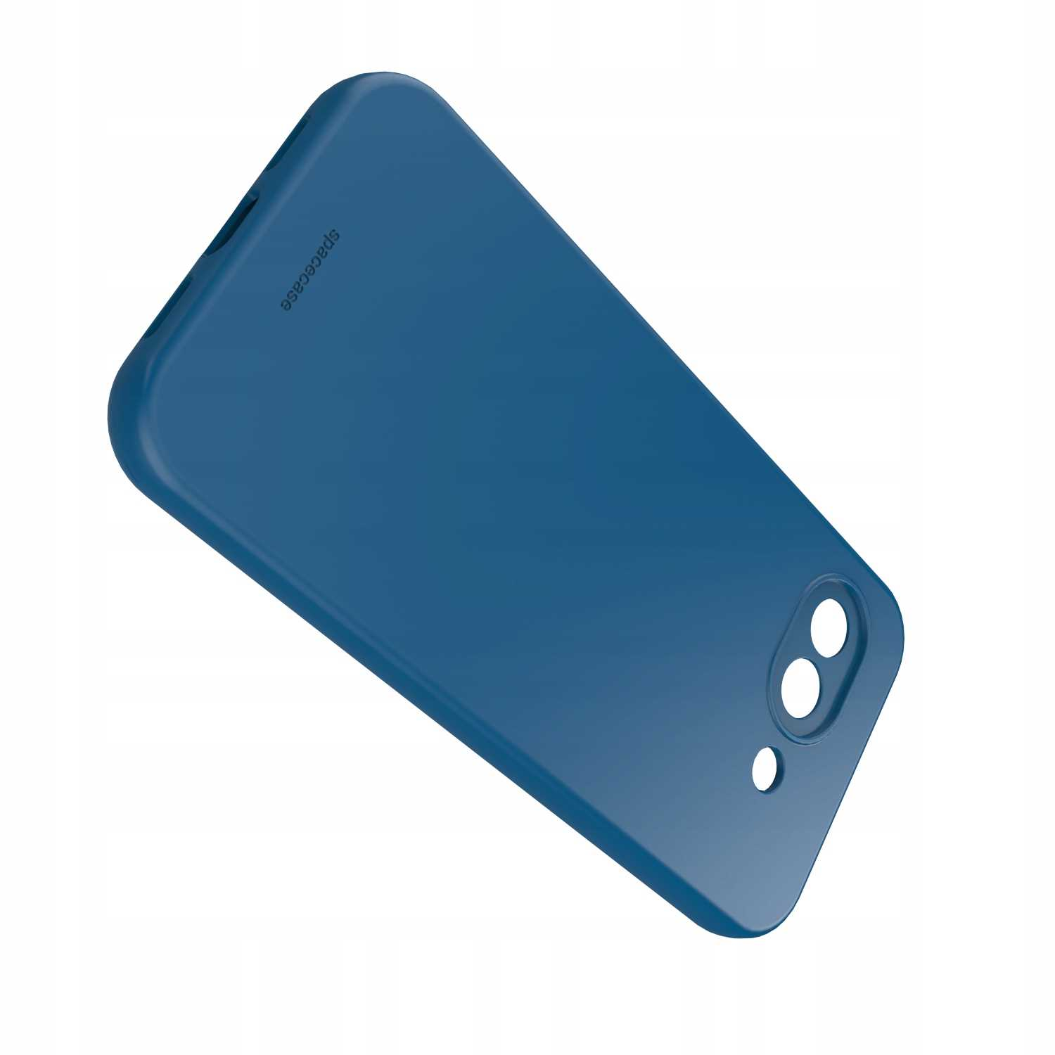 Niebieskie etui na telefon z wycięciami na aparat i lampę błyskową na białym tle.