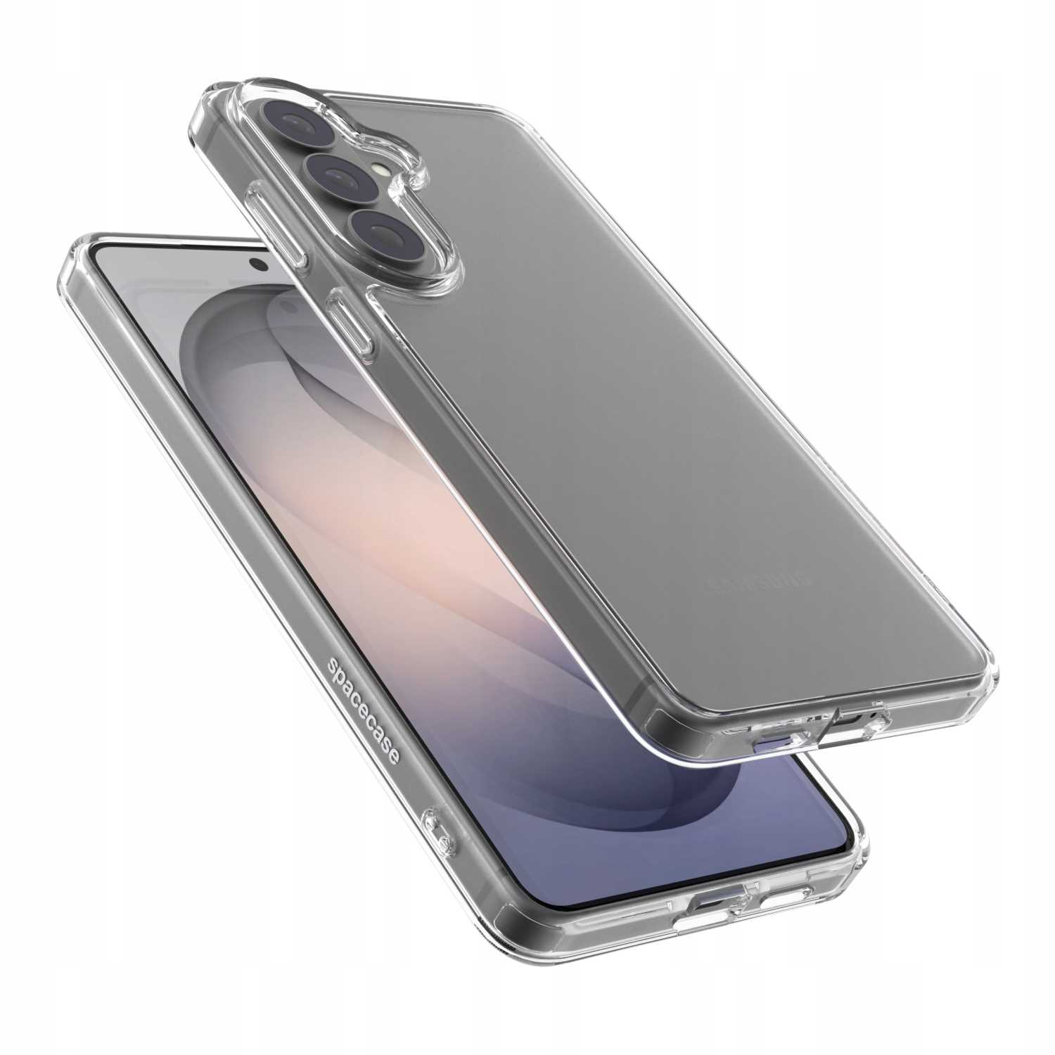 Przezroczyste etui na telefon z trzema obiektywami aparatu.