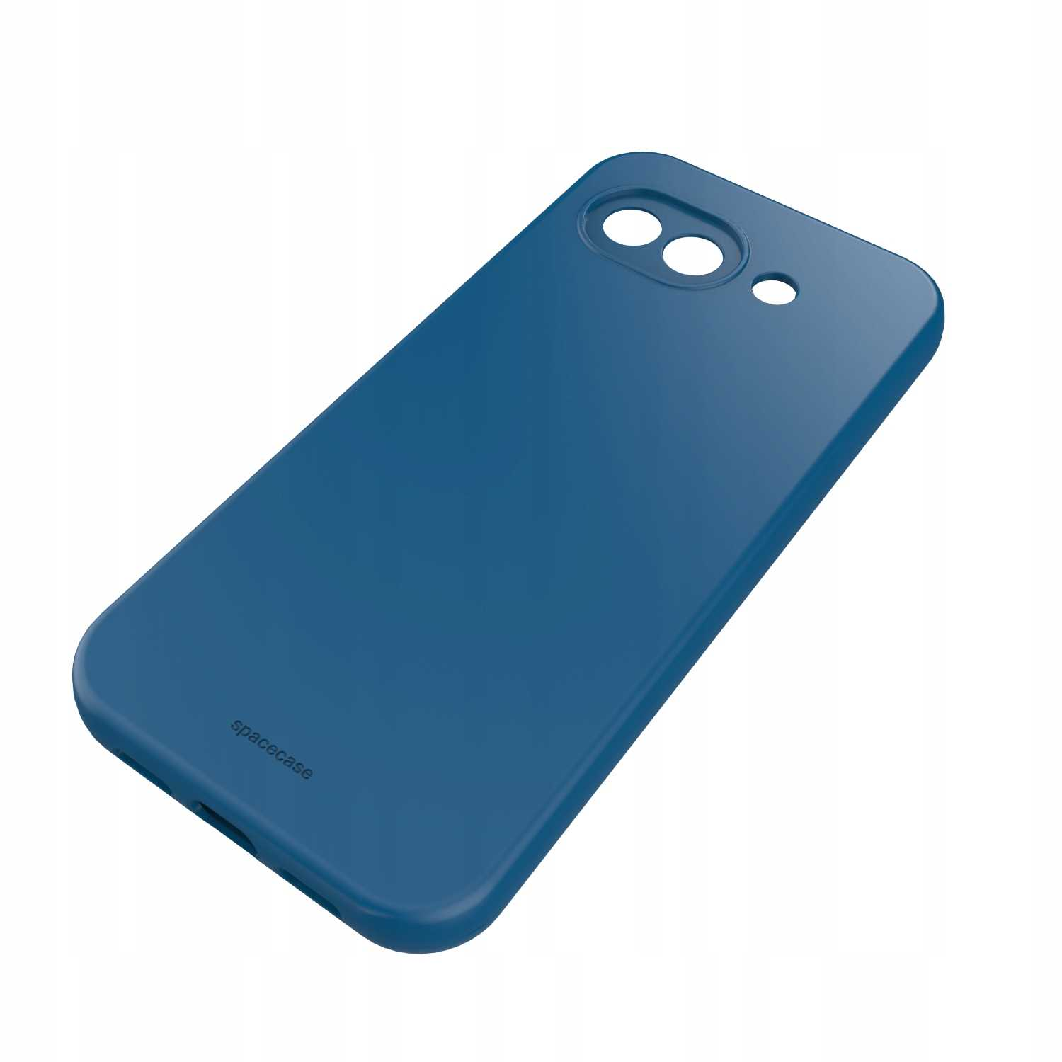 Granatowe etui na telefon z wycięciem na aparat i logo.