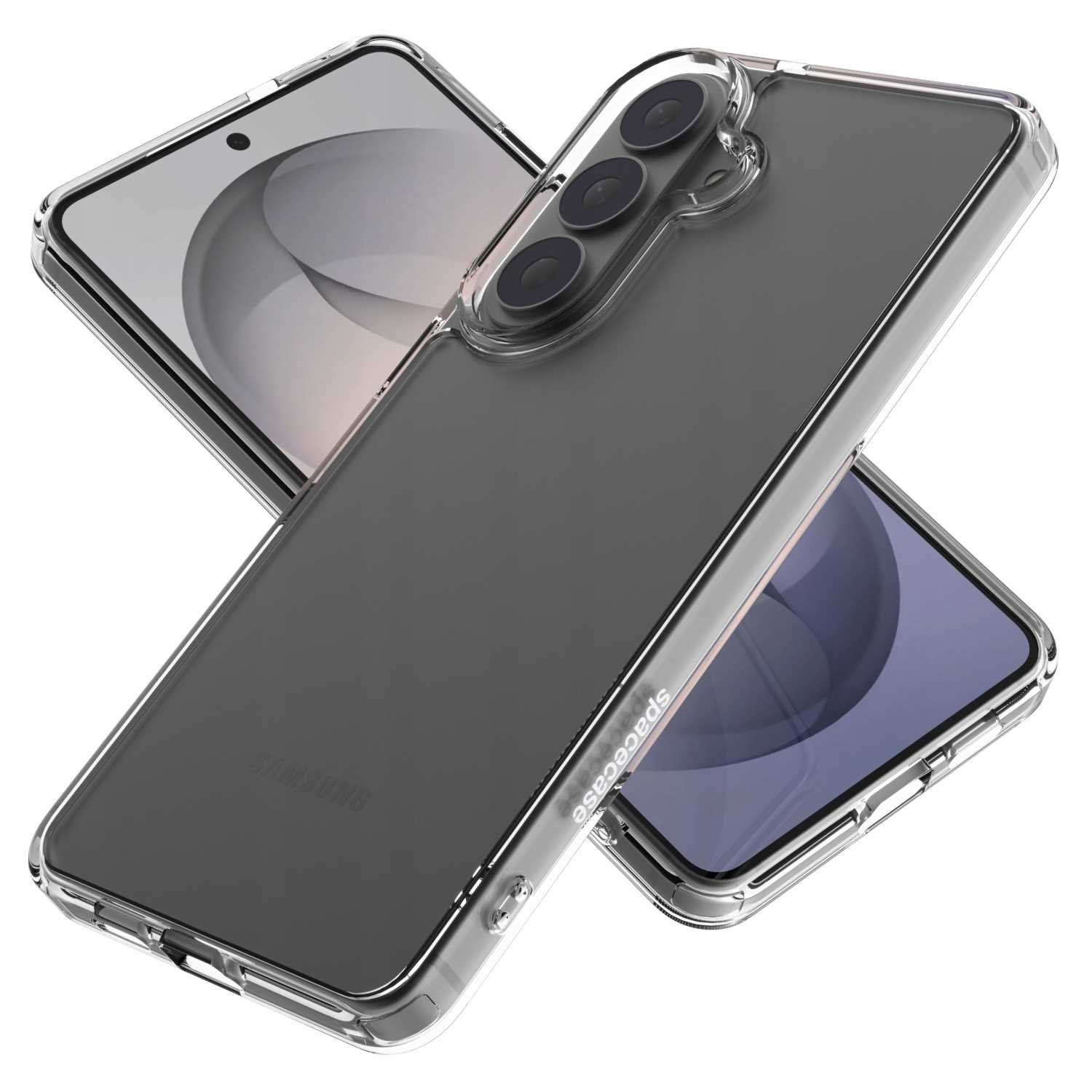 Przezroczyste etui na telefon z trzema obiektywami i logo Samsung.