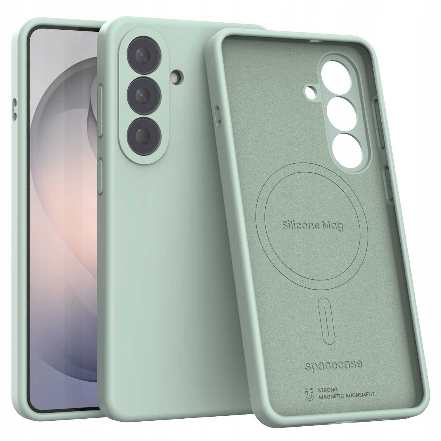 Zielona obudowa telefonu i telefon z trzema aparatami są widoczne na białym tle.