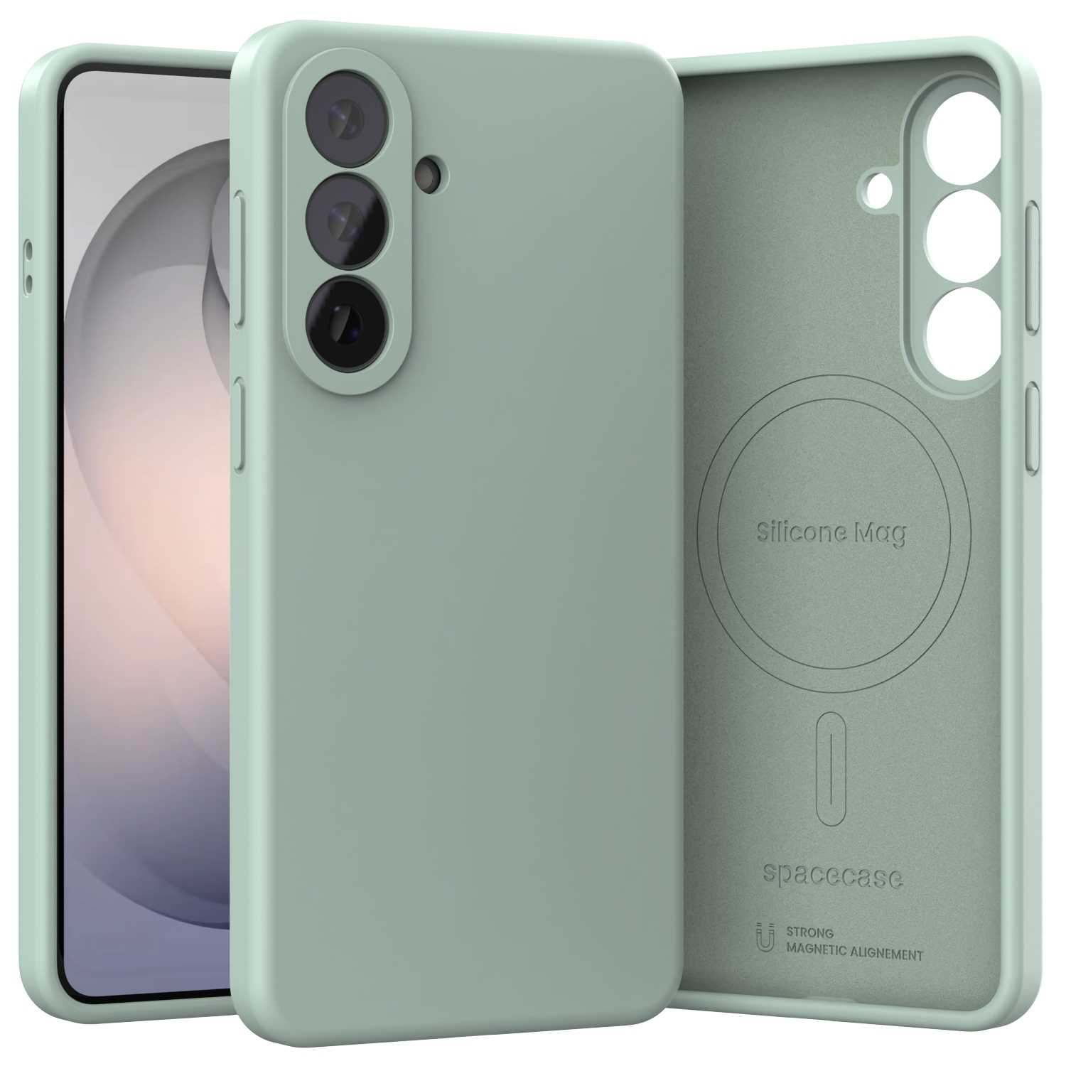 Zielone etui na telefon z trzema obiektywami i pierścieniem magnetycznym z tyłu.