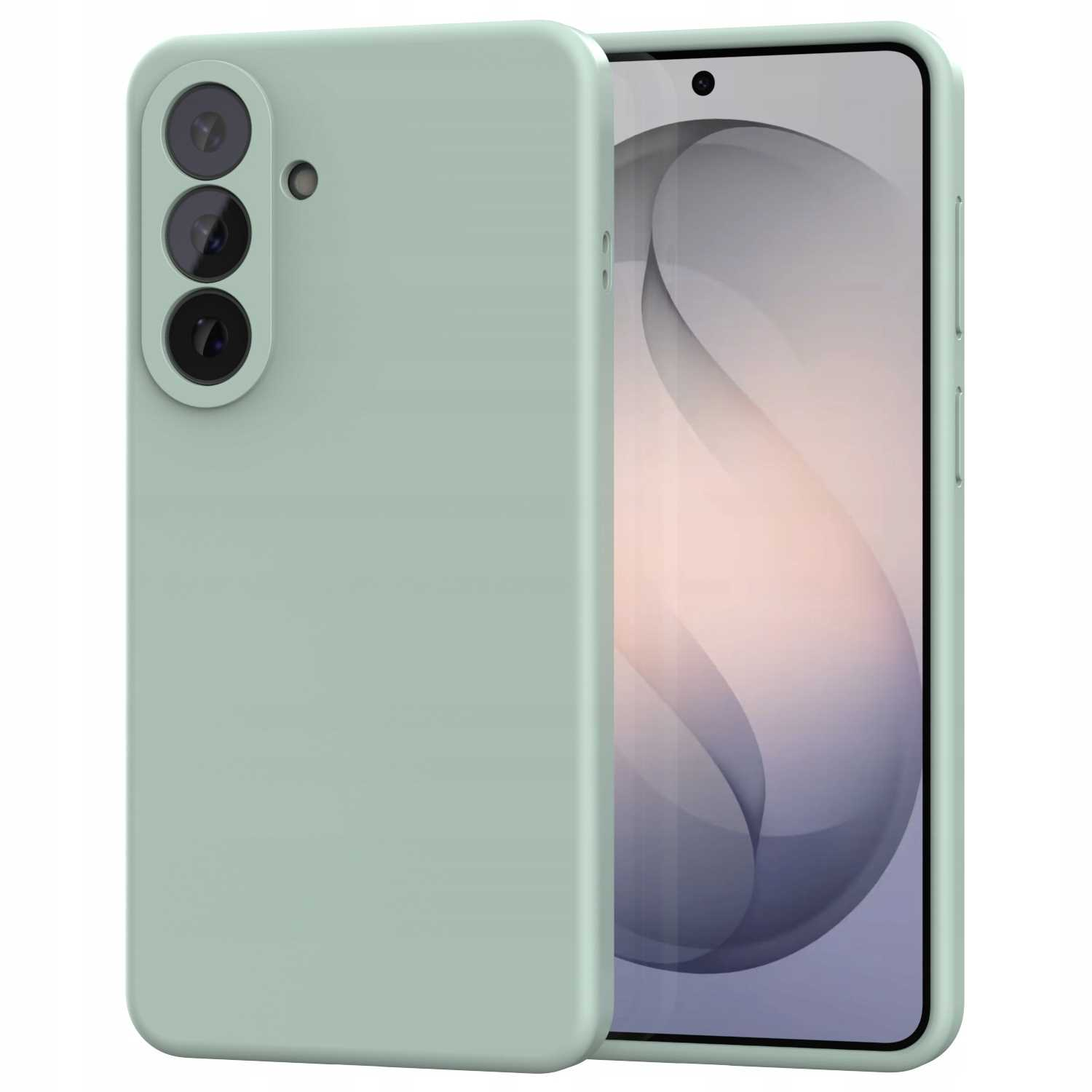 Jasnozielony telefon z potrójnym aparatem i ekranem.