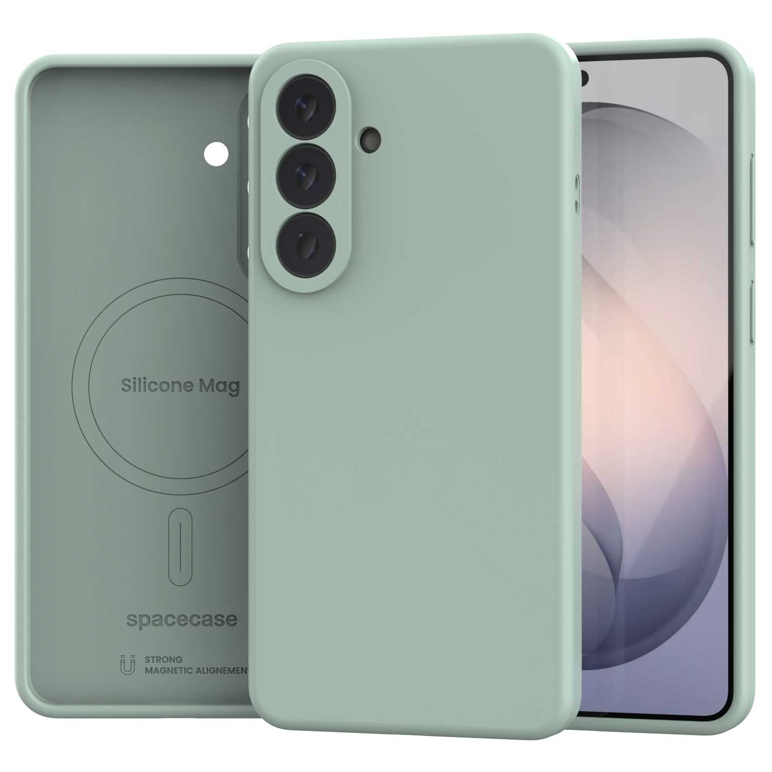 Dwa jasnozielone etui na telefon, jedno z wycięciem na aparat, na telefonie.