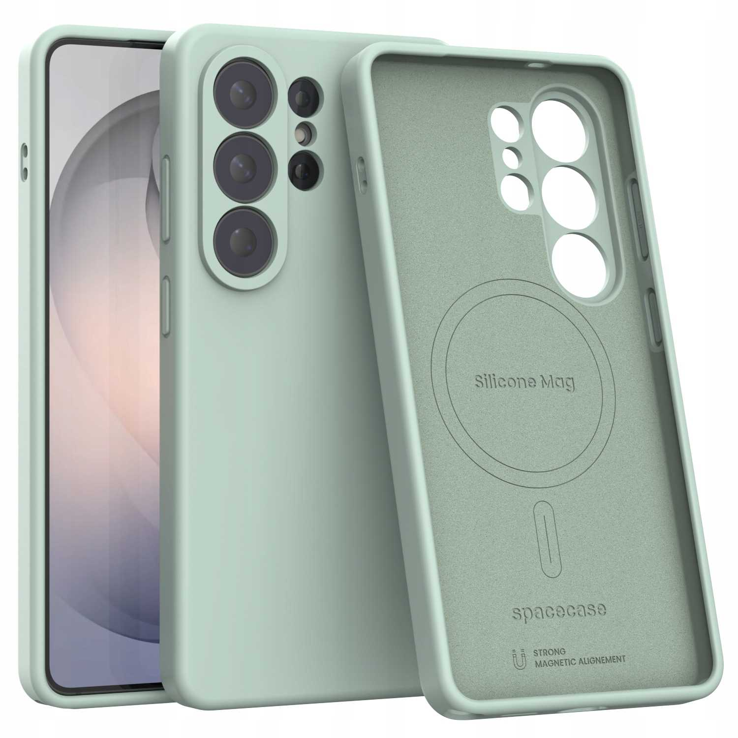 Jasnozielona obudowa na telefon z wycięciami na aparat i oznaczeniem MagSafe.