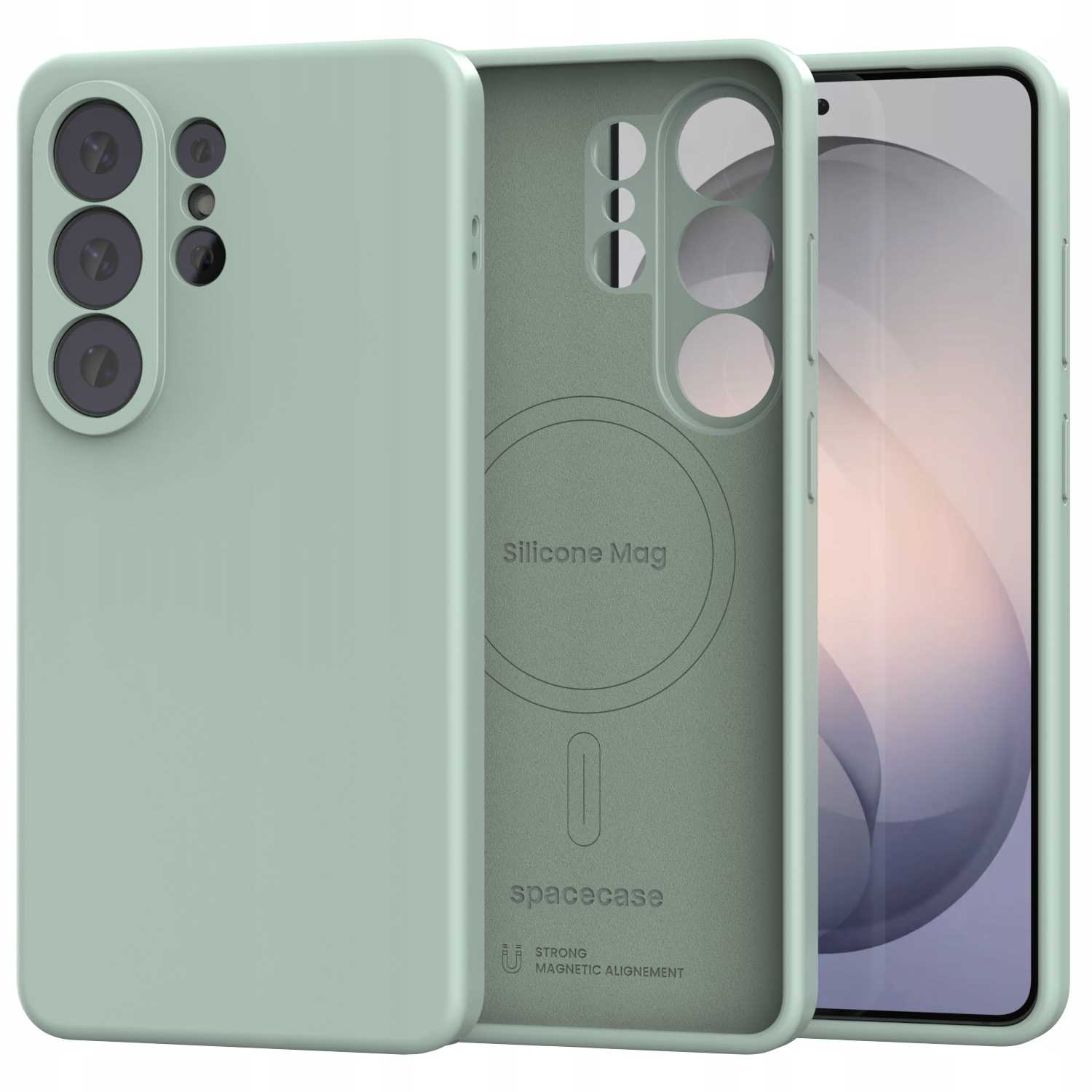 Zielone etui na telefon z wycięciem na aparat i pierścieniem magnetycznym.