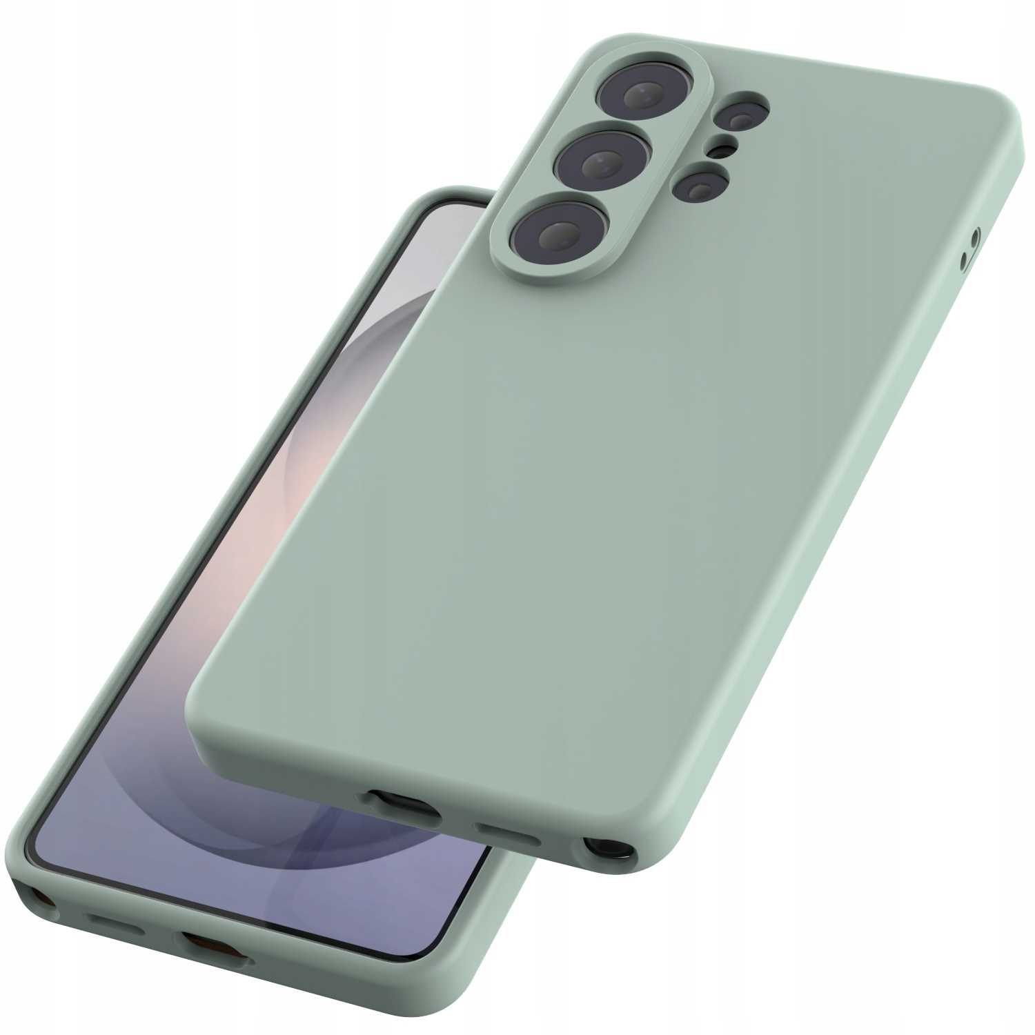 Jasnozielone etui na telefon leży na smartfonie. Widoczne trzy aparaty.