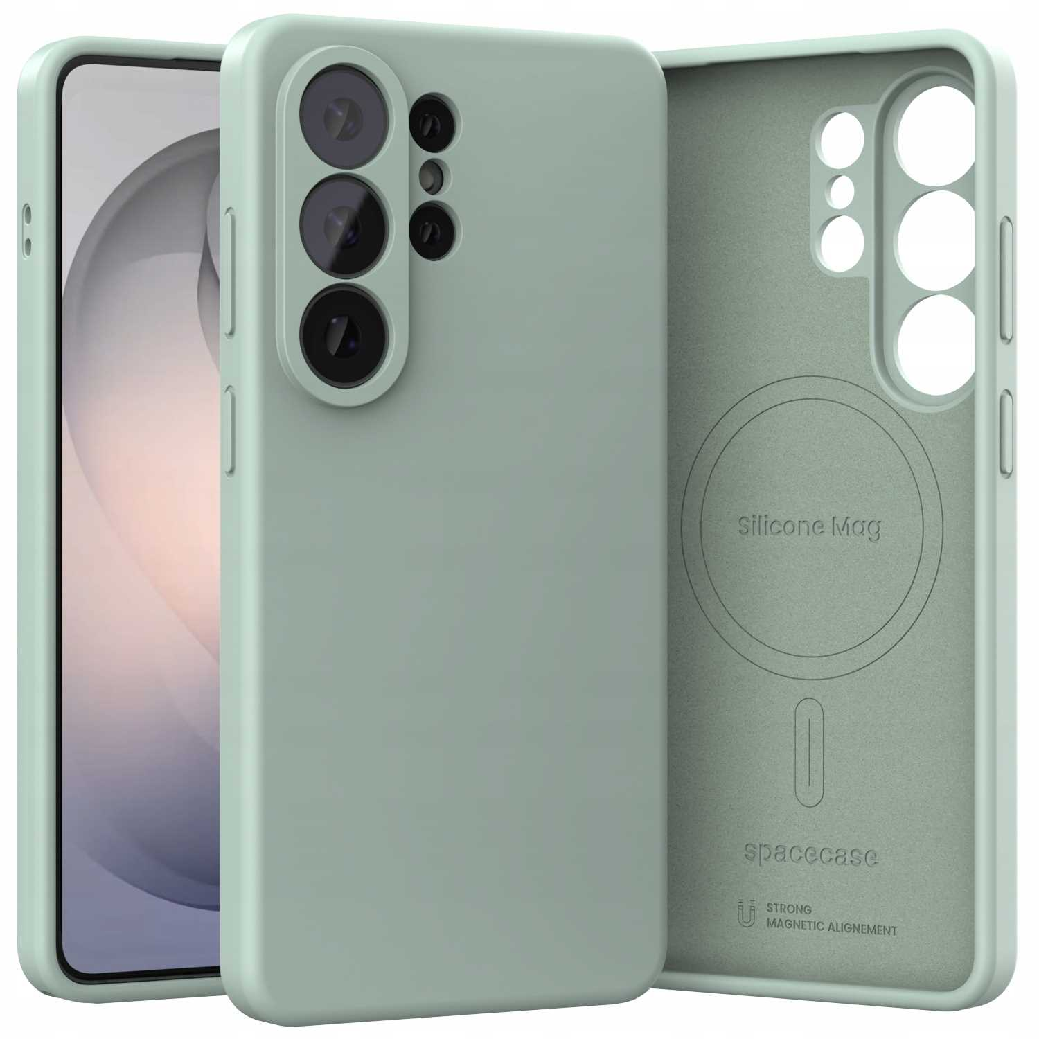 Jasnozielone silikonowe etui na telefon z trzema aparatami i kółkiem MagSafe.