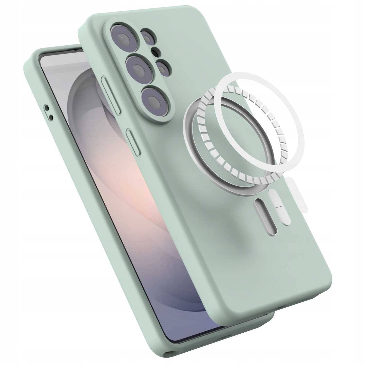 Jasnozielone etui na telefon z uchwytem pierścieniowym i wycięciem na aparat.