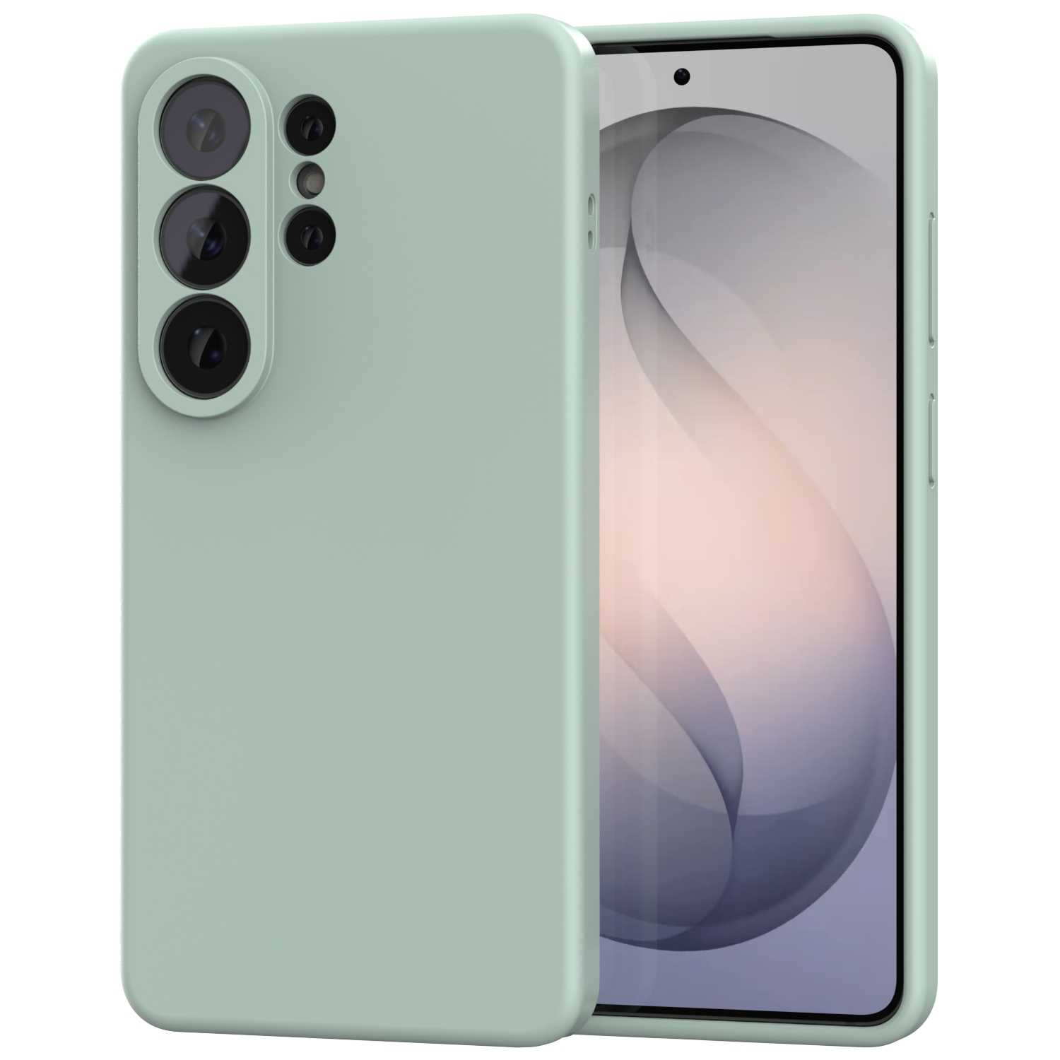 Jasnozielone etui na telefon z potrójnym układem aparatu z tyłu.