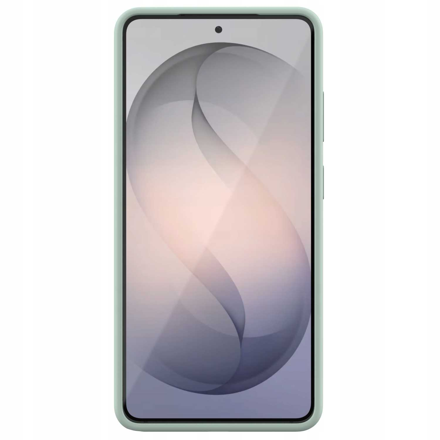 Jasnozielony smartfon z abstrakcyjną tapetą na ekranie.