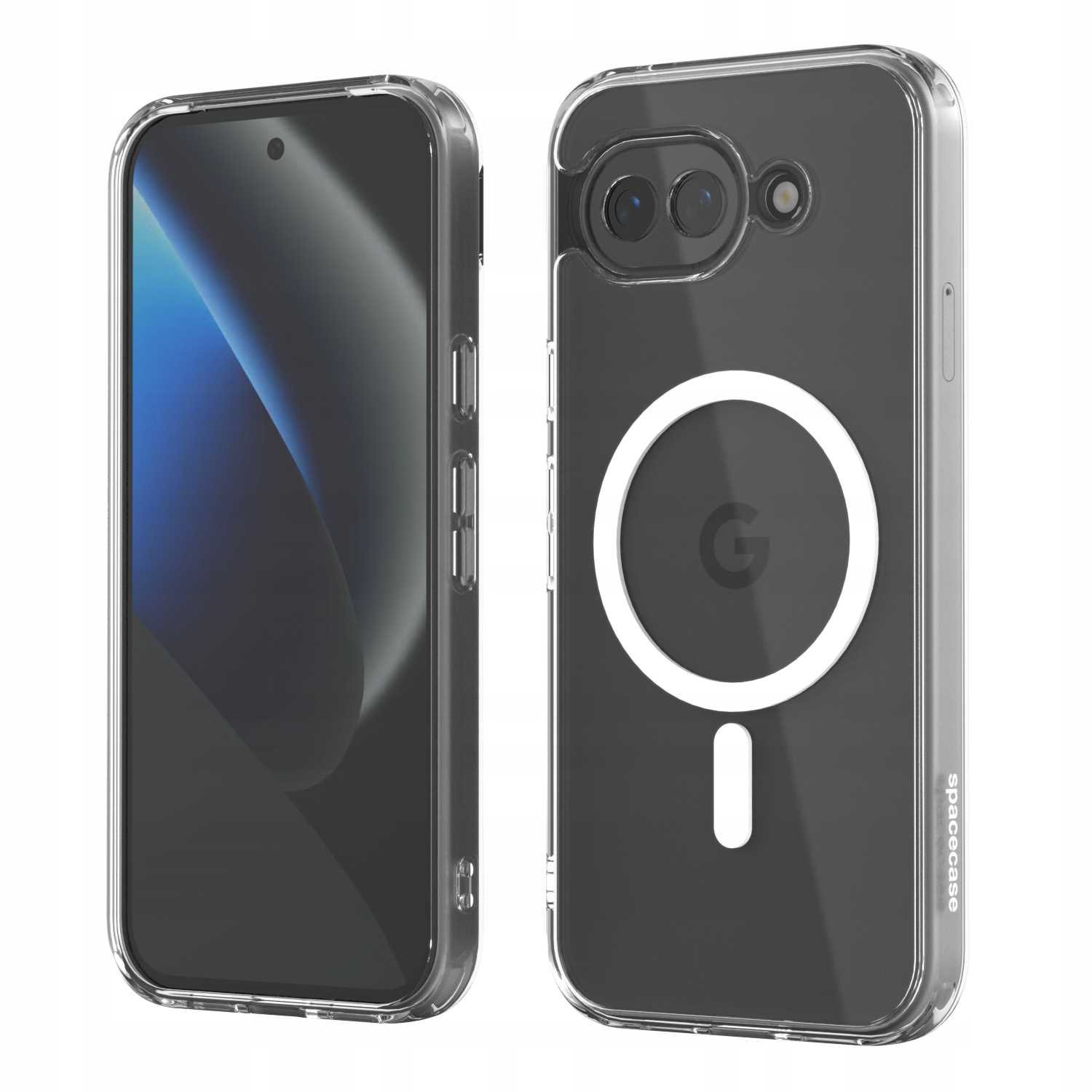 Przezroczyste etui na telefon z aparatem i pierścieniem magnetycznym.
