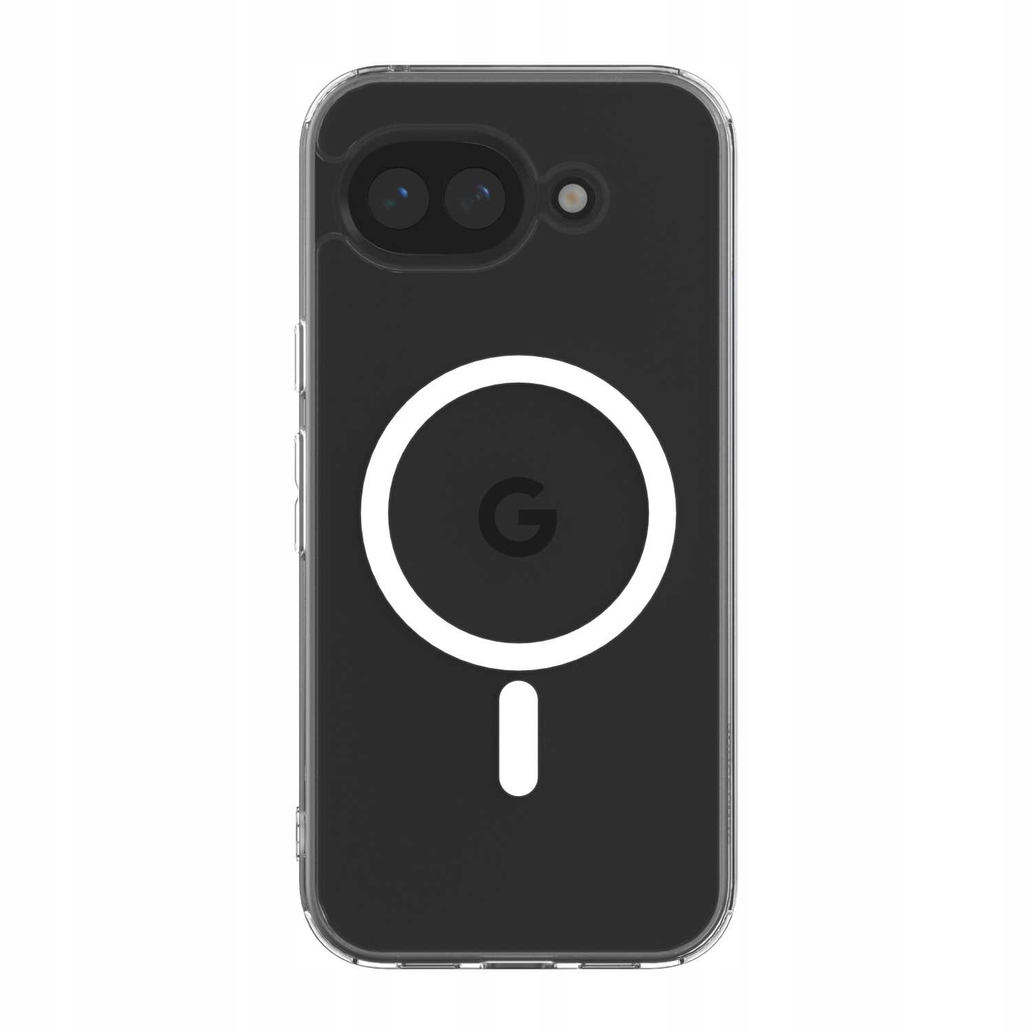 Przezroczyste etui na telefon z białym logo G i wycięciem na aparat na czarnym tle.