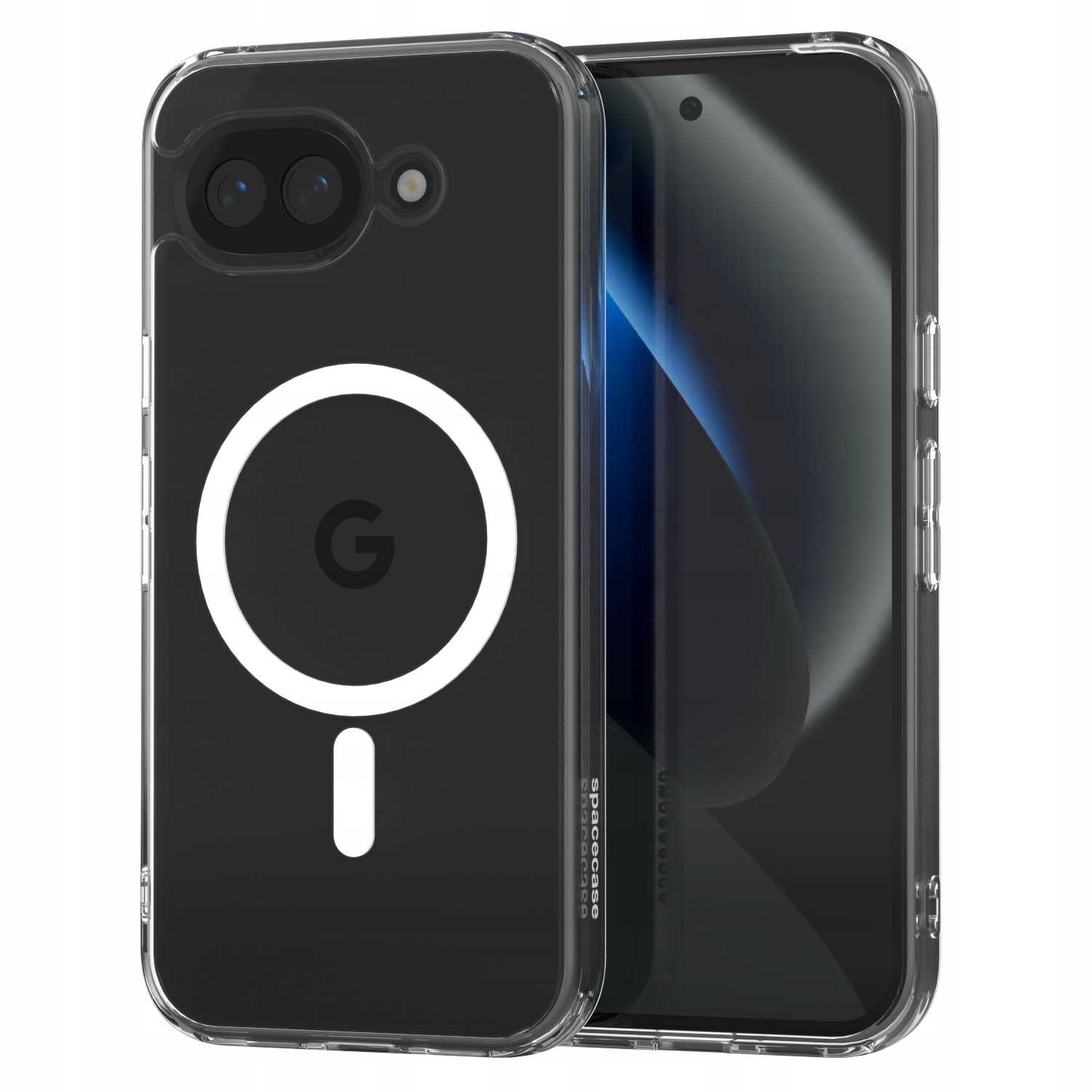 Przezroczyste etui na telefon z białym logo G i kółkiem ładowania.