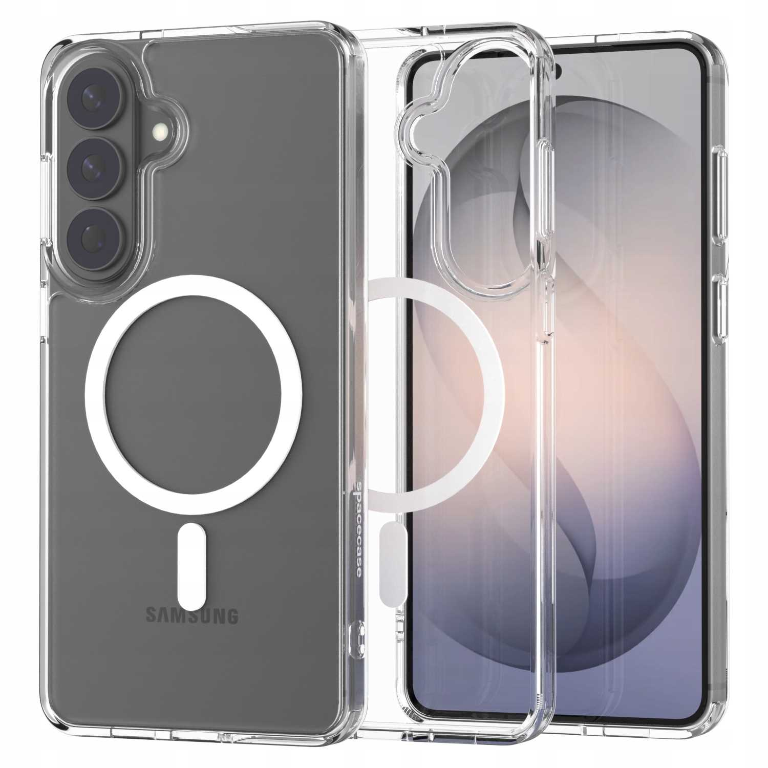 Przezroczyste etui na telefon z białym pierścieniem magnetycznym.