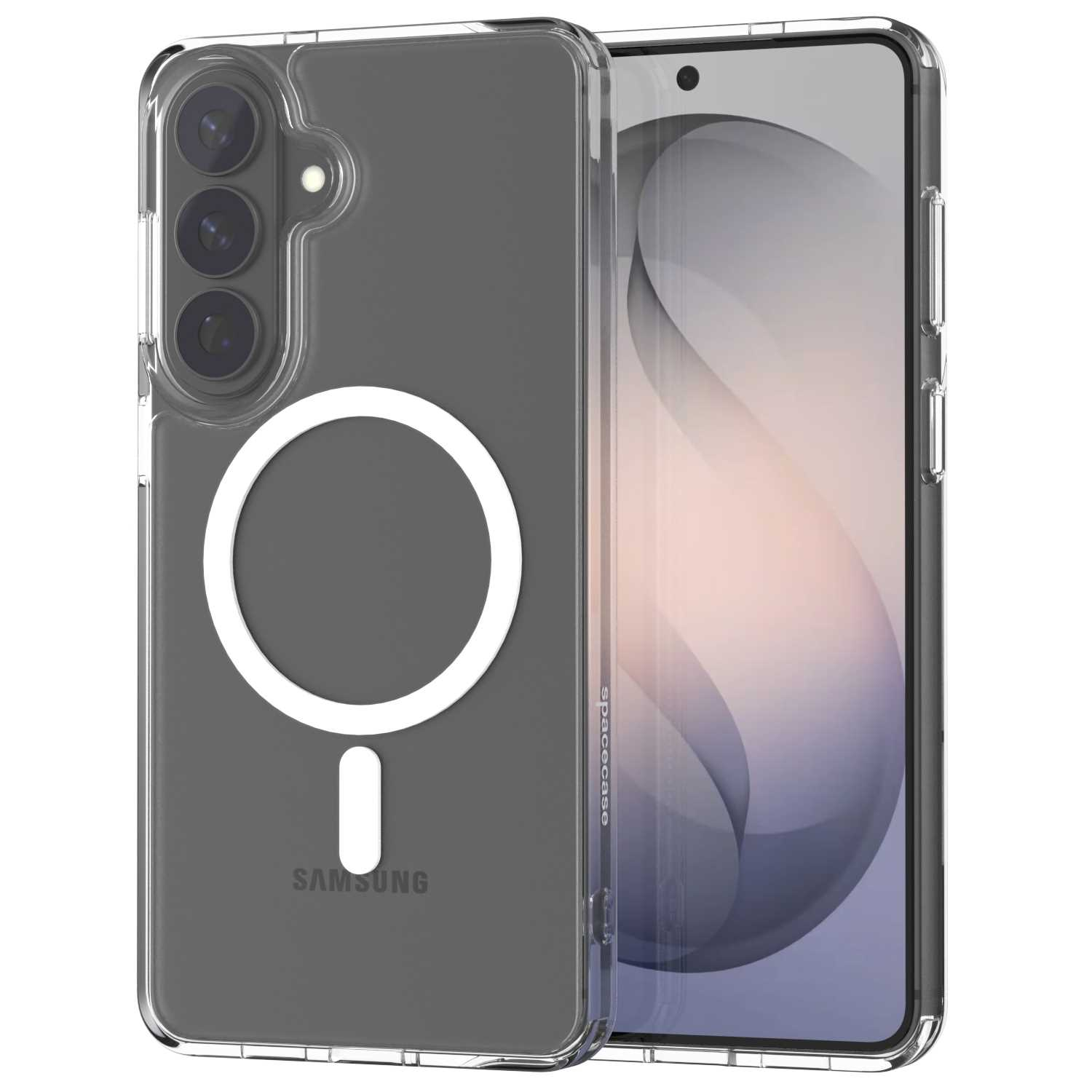 Przezroczyste etui na telefon z trzema aparatami i pierścieniem MagSafe na smartfonie.