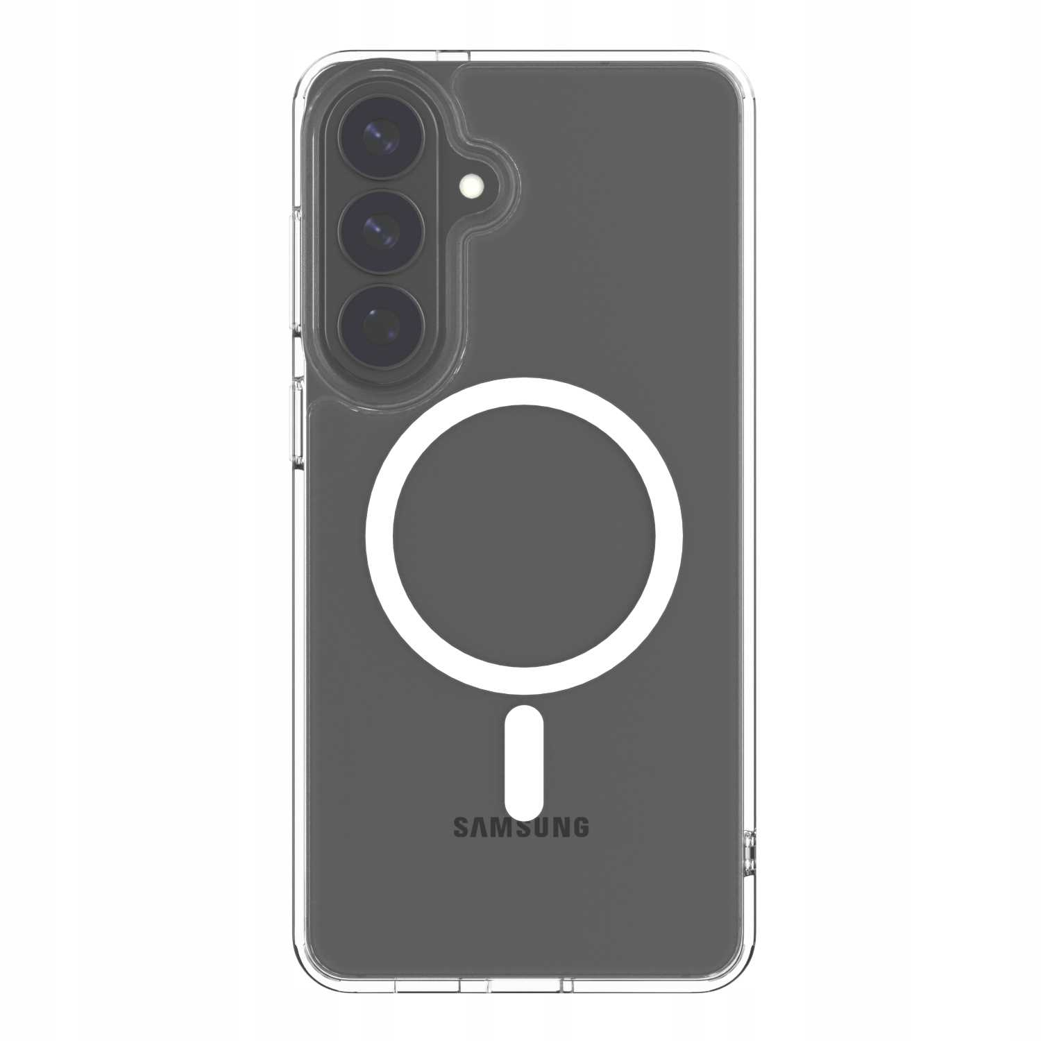 Przezroczyste etui do telefonu Samsung z modułem aparatu i białym wzorem koła/kreski.