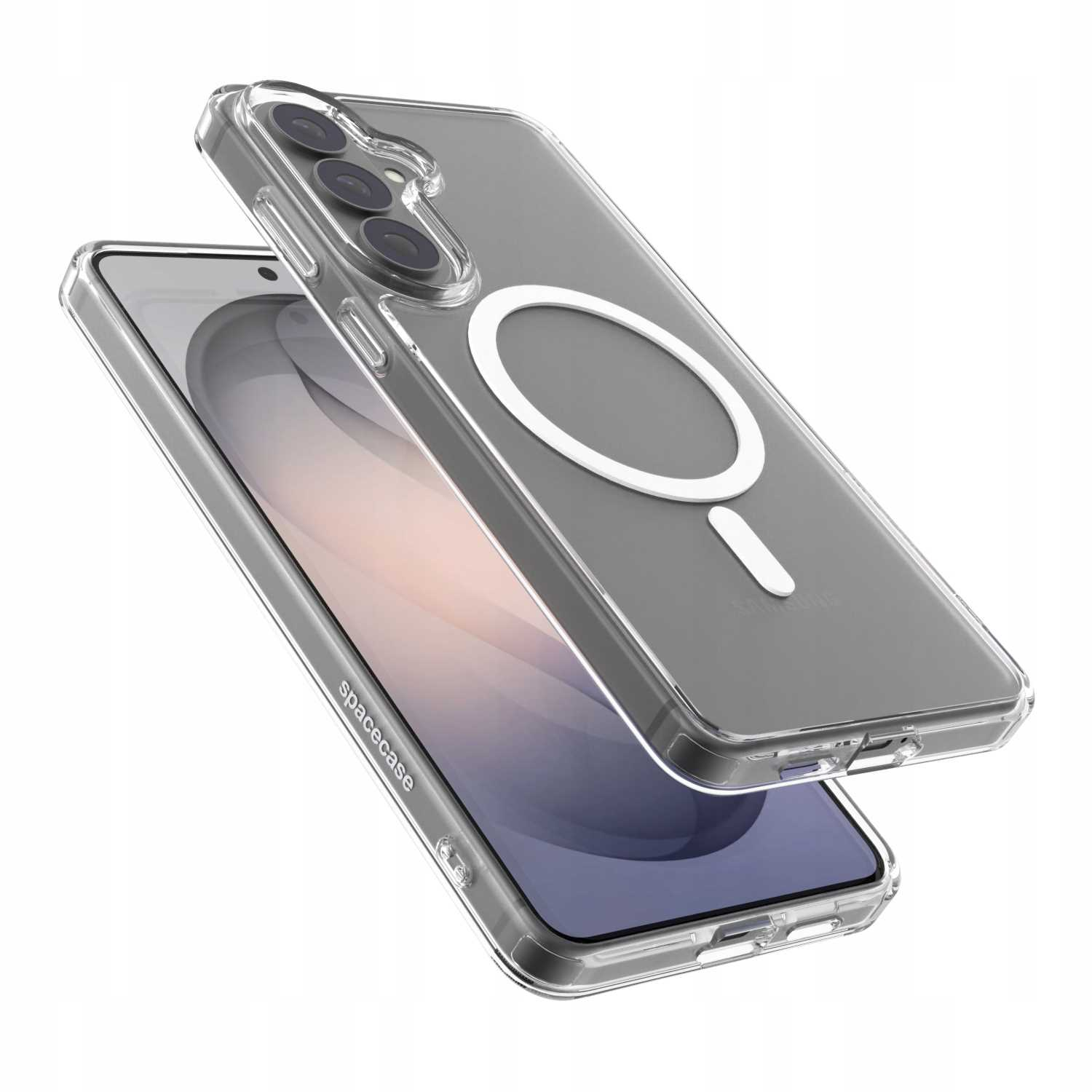 Przezroczyste etui na telefon z białym pierścieniem magnetycznym do MagSafe.