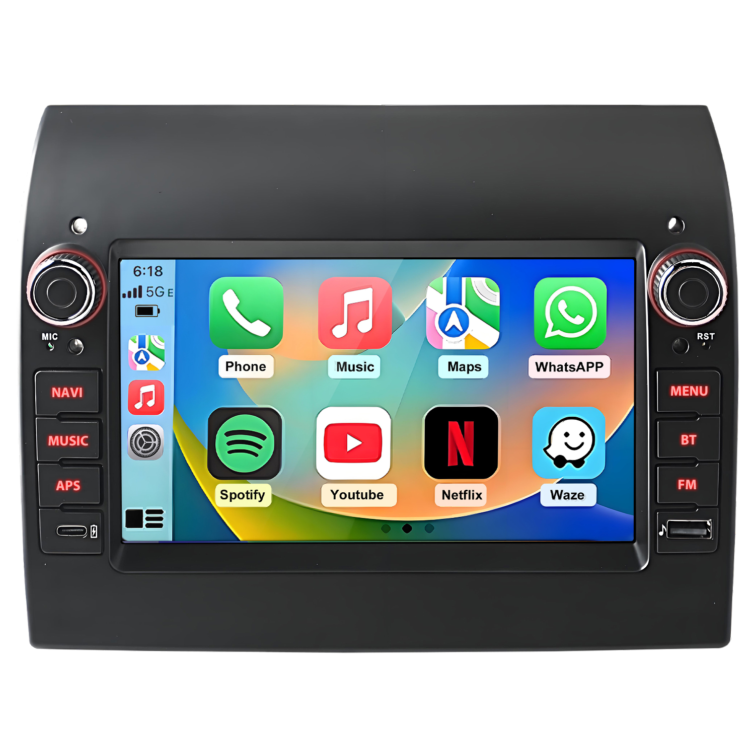 Auto-Infotainment-Bildschirm mit Apps: Telefon, Musik, Karten, WhatsApp, Spotify, YouTube, Netflix, Waze.