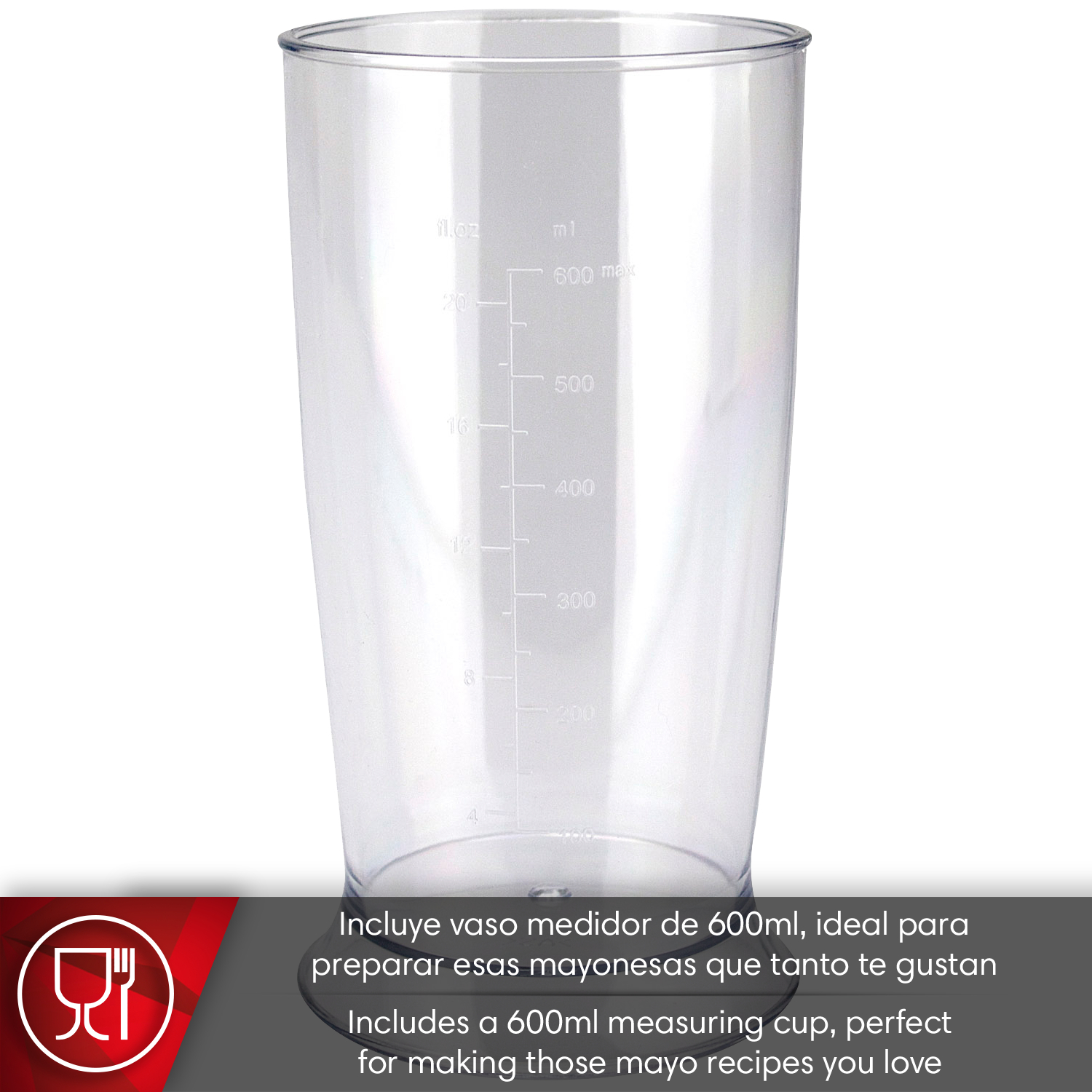 Una jarra medidora transparente de 600ml con marcas en ml y fl.oz.