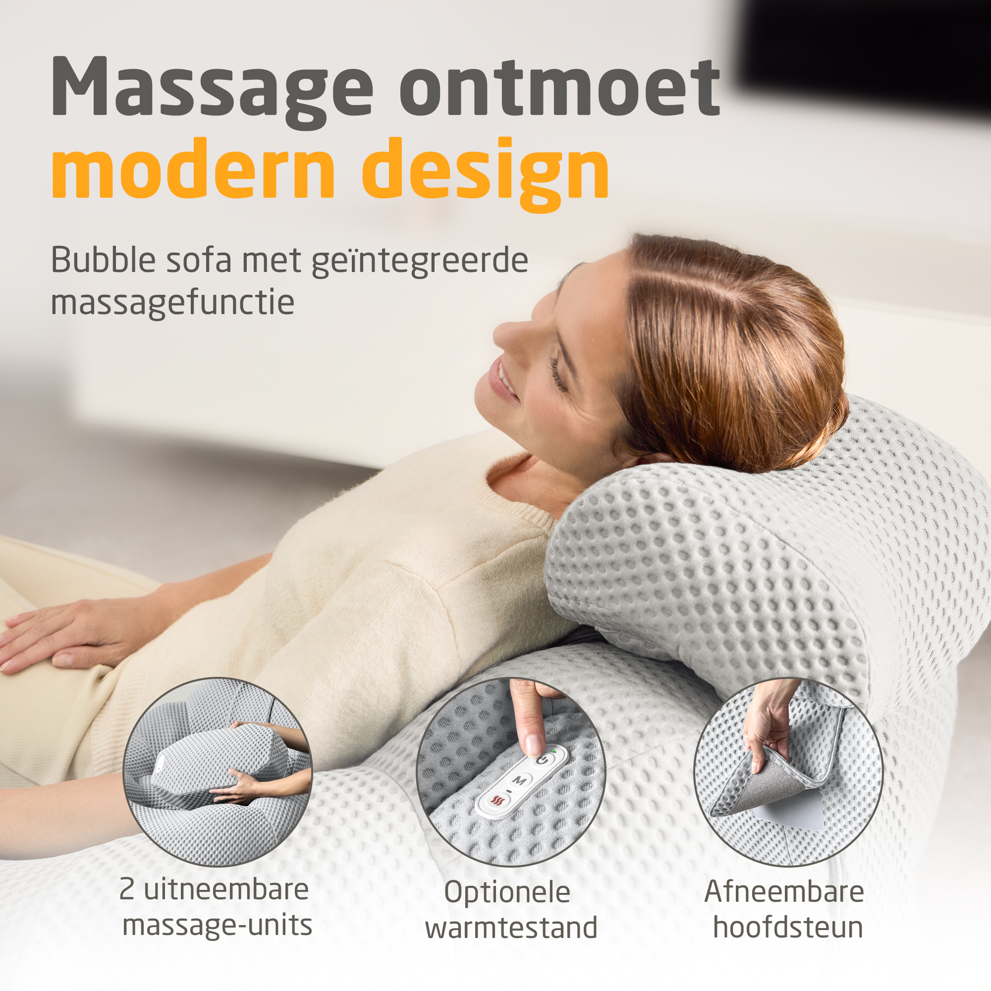 Frau entspannt auf Massage-Sofa mit abnehmbarer Kopfstütze.