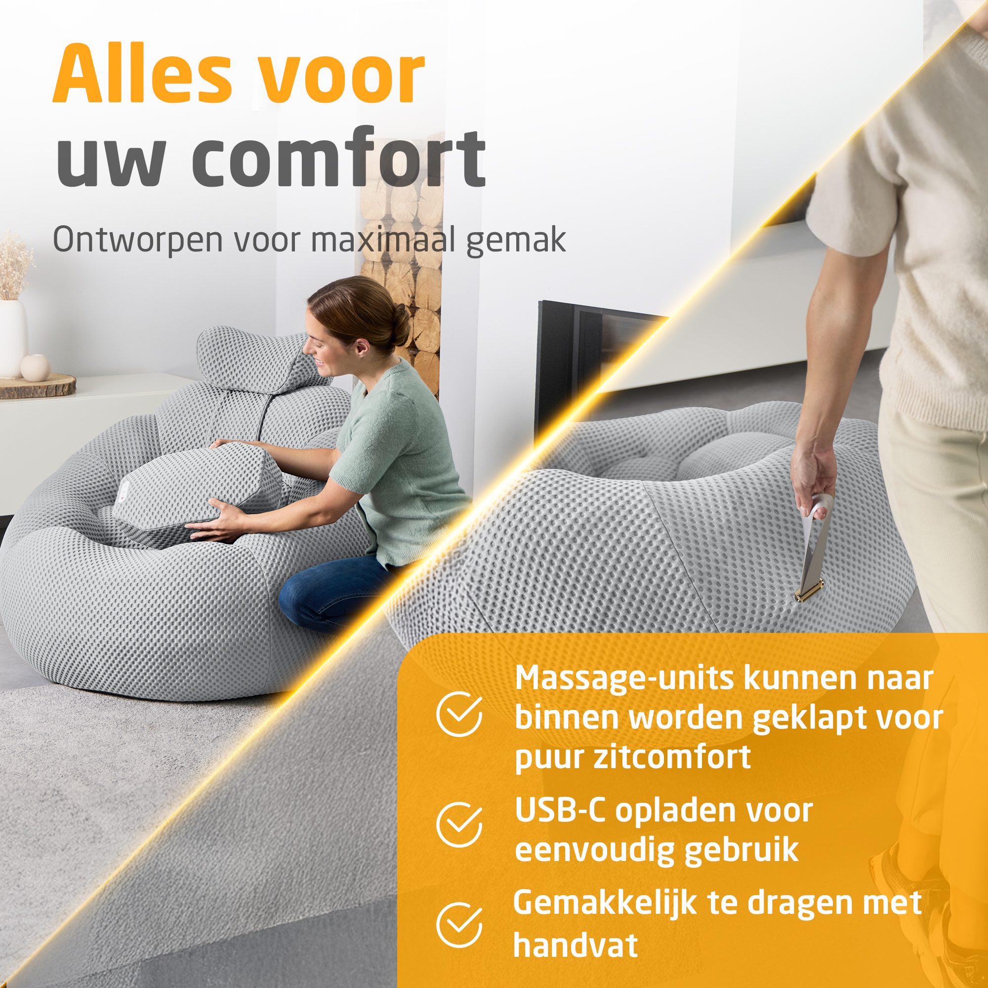 Frau stellt Kissen auf grauen Sessel. Massageeinheiten, USB-C, Tragegriff.