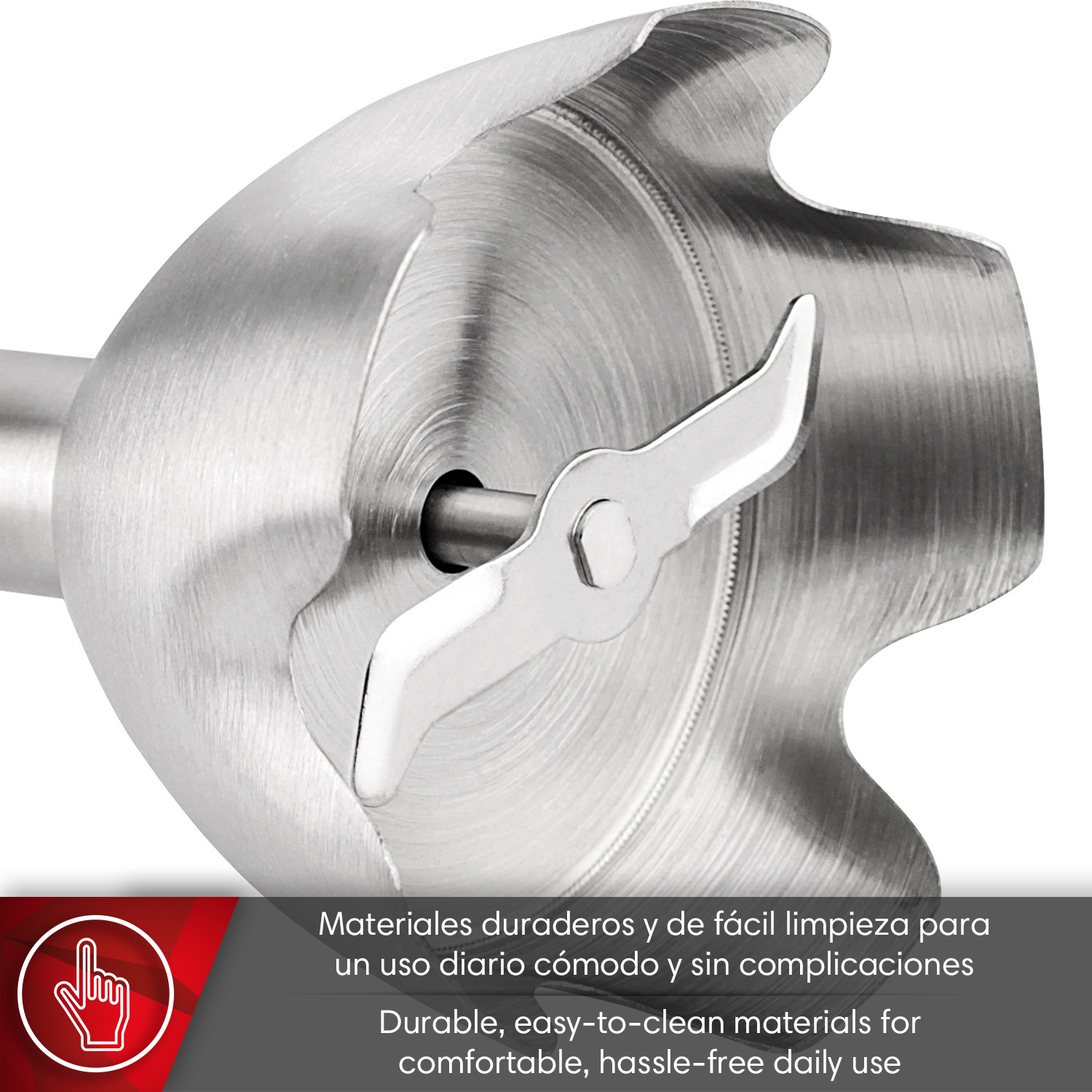 Primer plano de la cuchilla de batidora de inmersión de acero inoxidable. Superficie metálica.