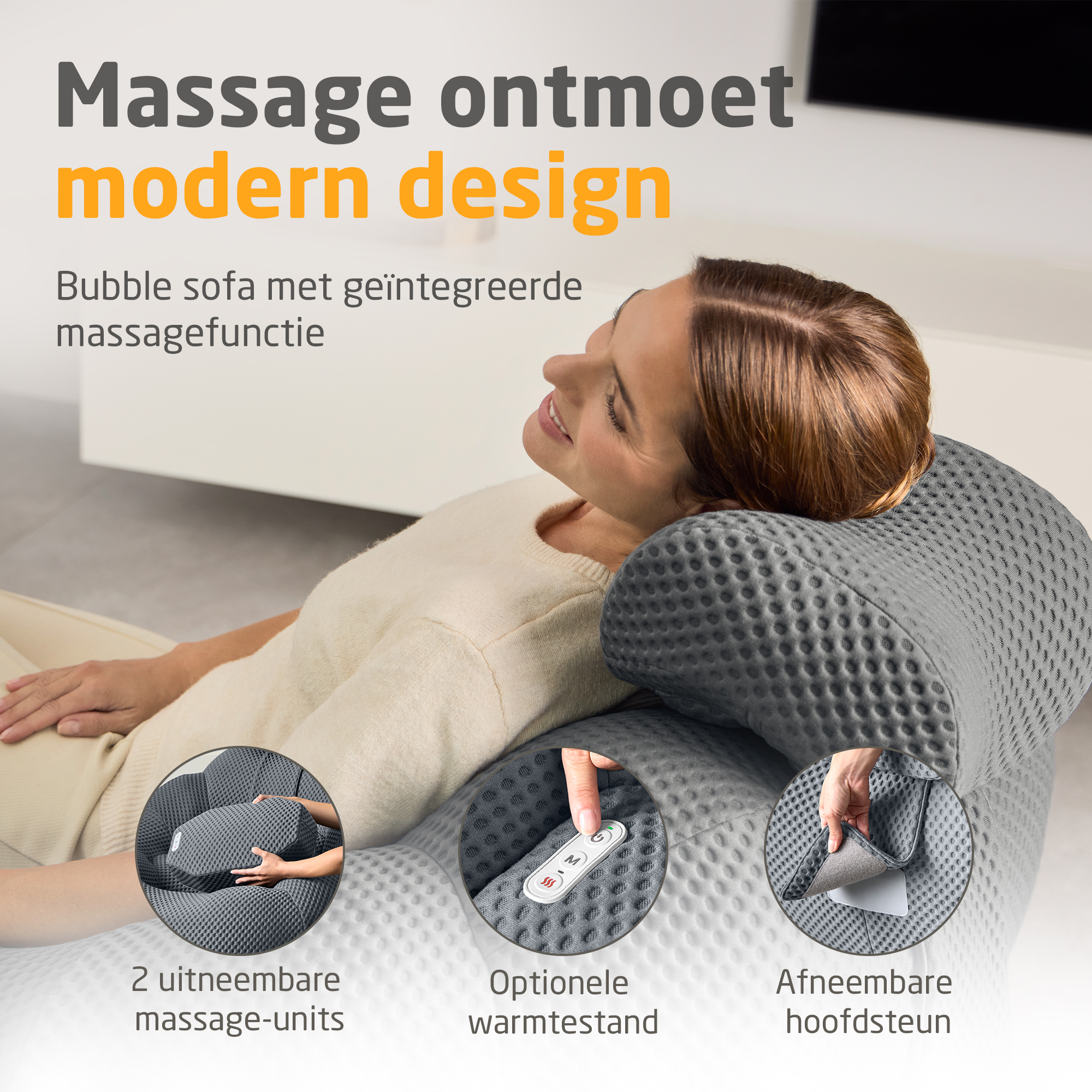 Frau entspannt sich auf einem grauen Massagesofa mit aufklappbaren Elementen.