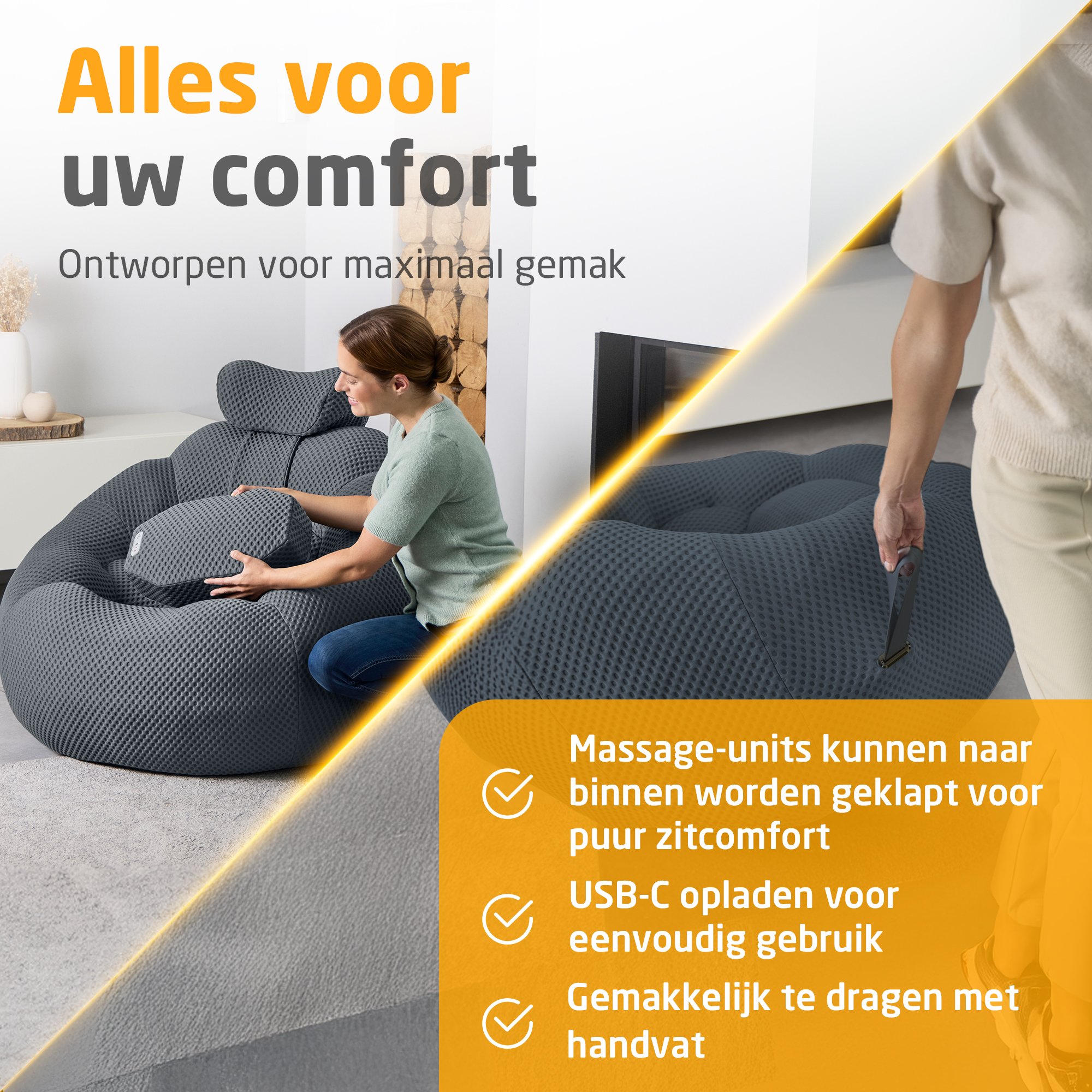 Eine Frau sitzt auf einem grauen Beanbag-Stuhl. Ein Mann hebt ihn an einem Griff.