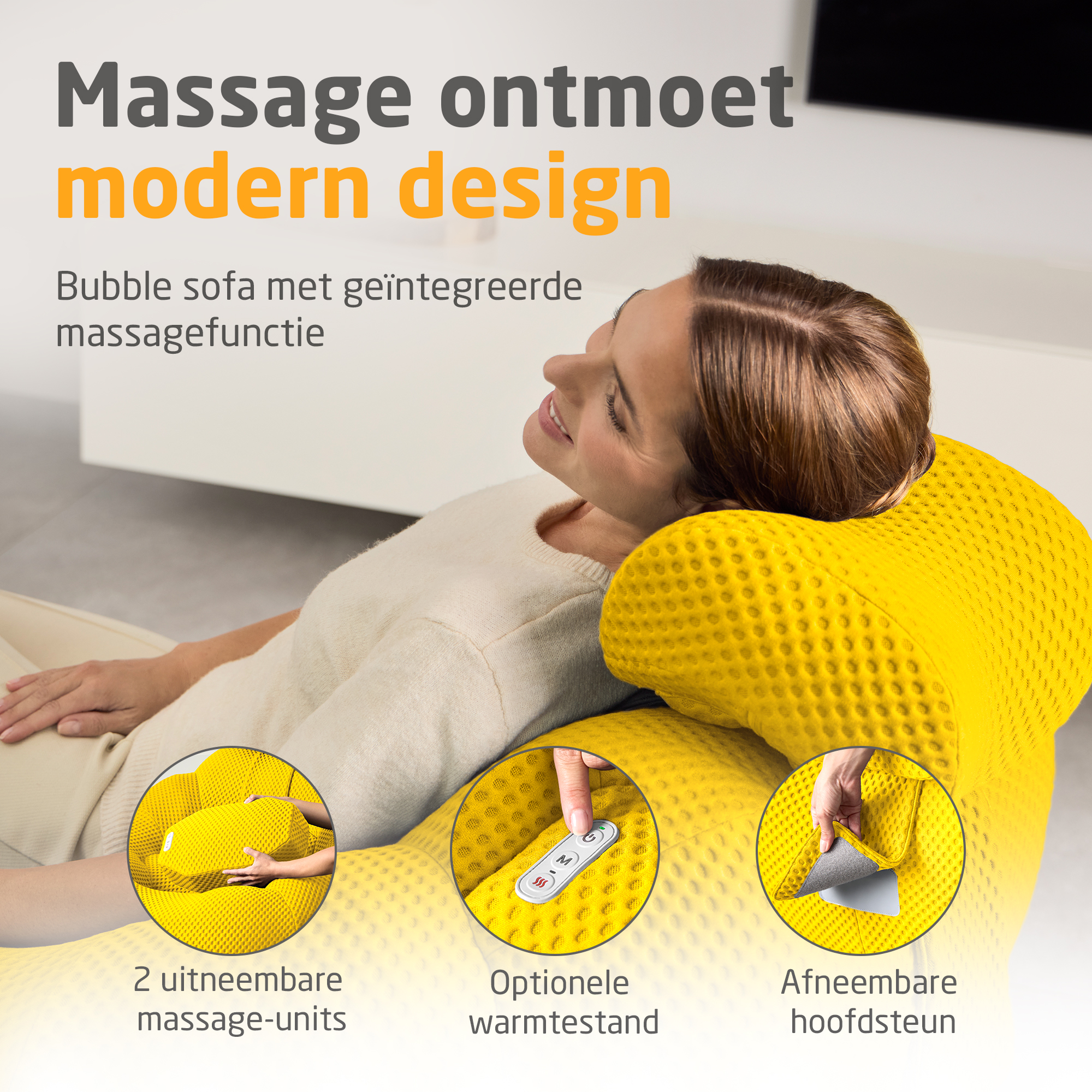 Femme se relaxant sur un canapé de massage jaune avec fonctions intégrées.