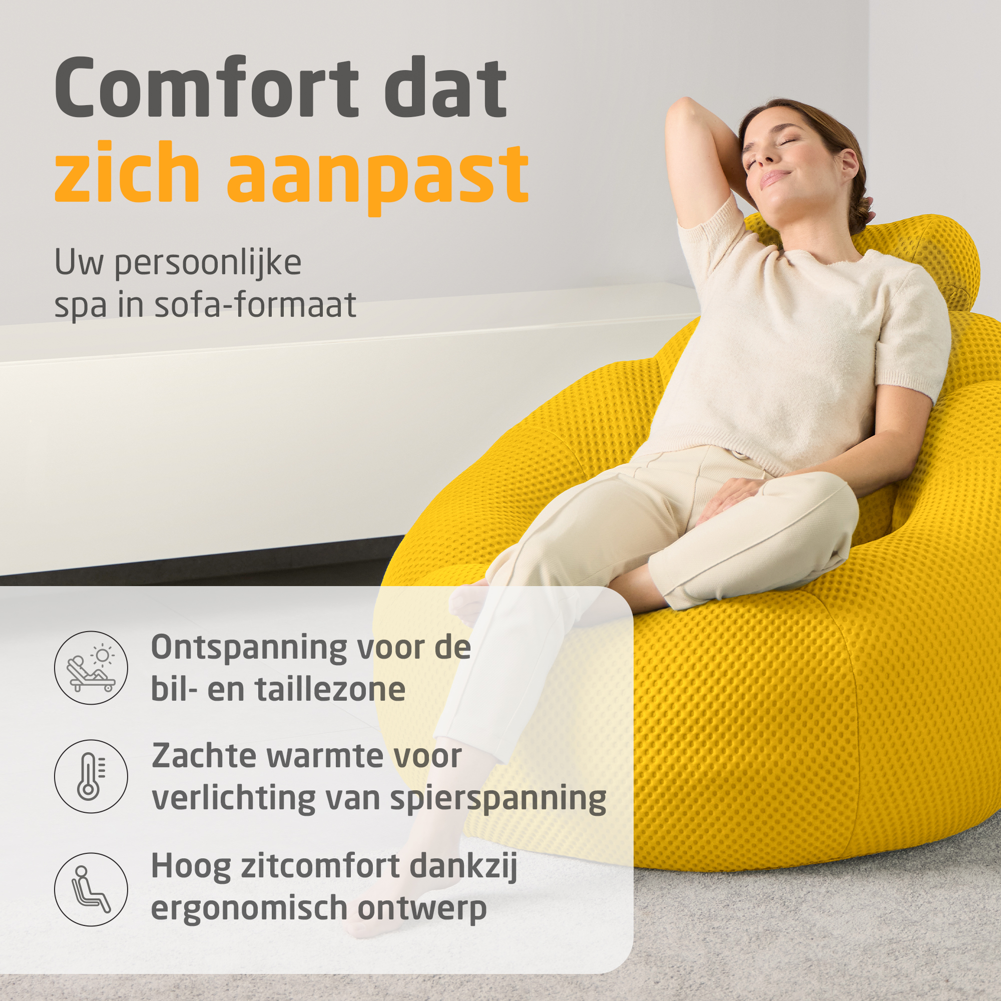 Femme se relaxant dans un pouf jaune avec du texte.