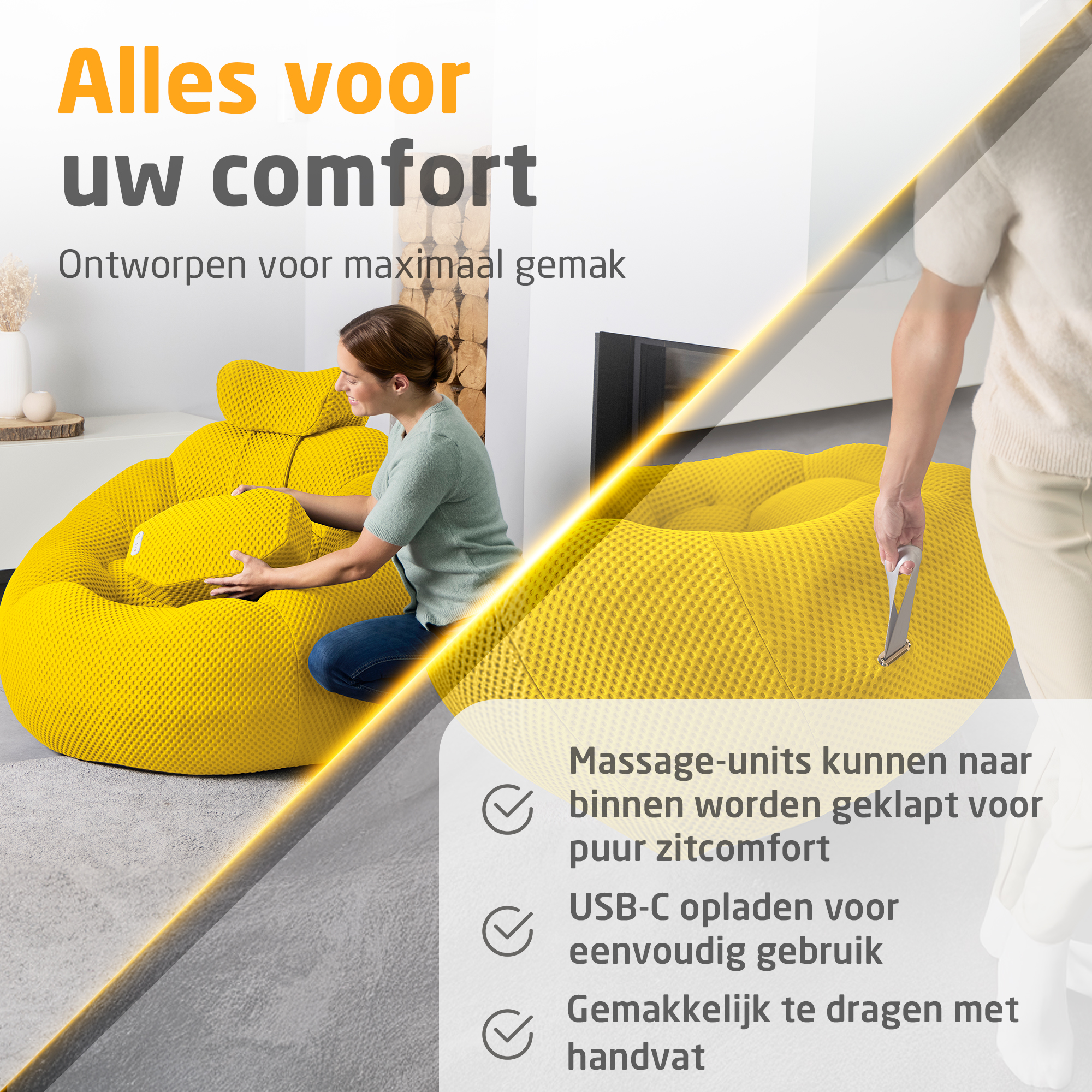 Une femme ajuste un pouf jaune, conçu pour le confort et la commodité.
