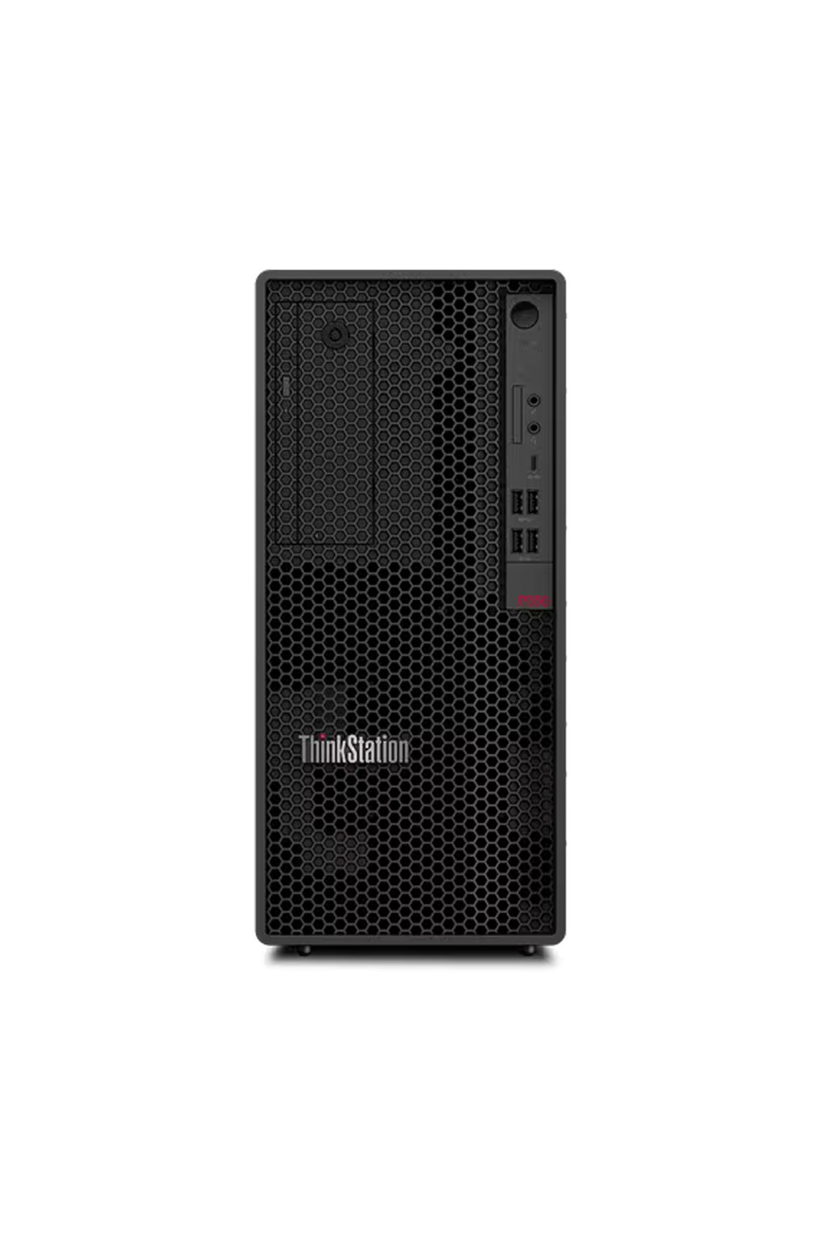 Petek desenli ön ve bağlantı noktalarına sahip siyah Lenovo ThinkStation PC.