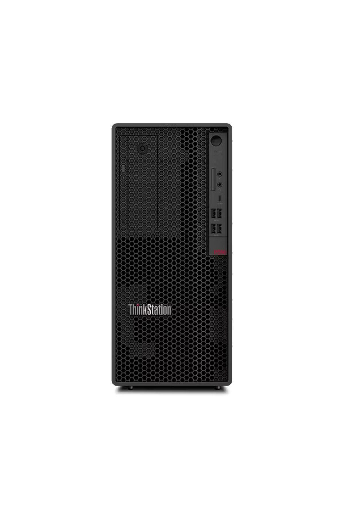 Petekli ızgara ve bağlantı noktalarına sahip siyah ThinkStation masaüstü kulesi.