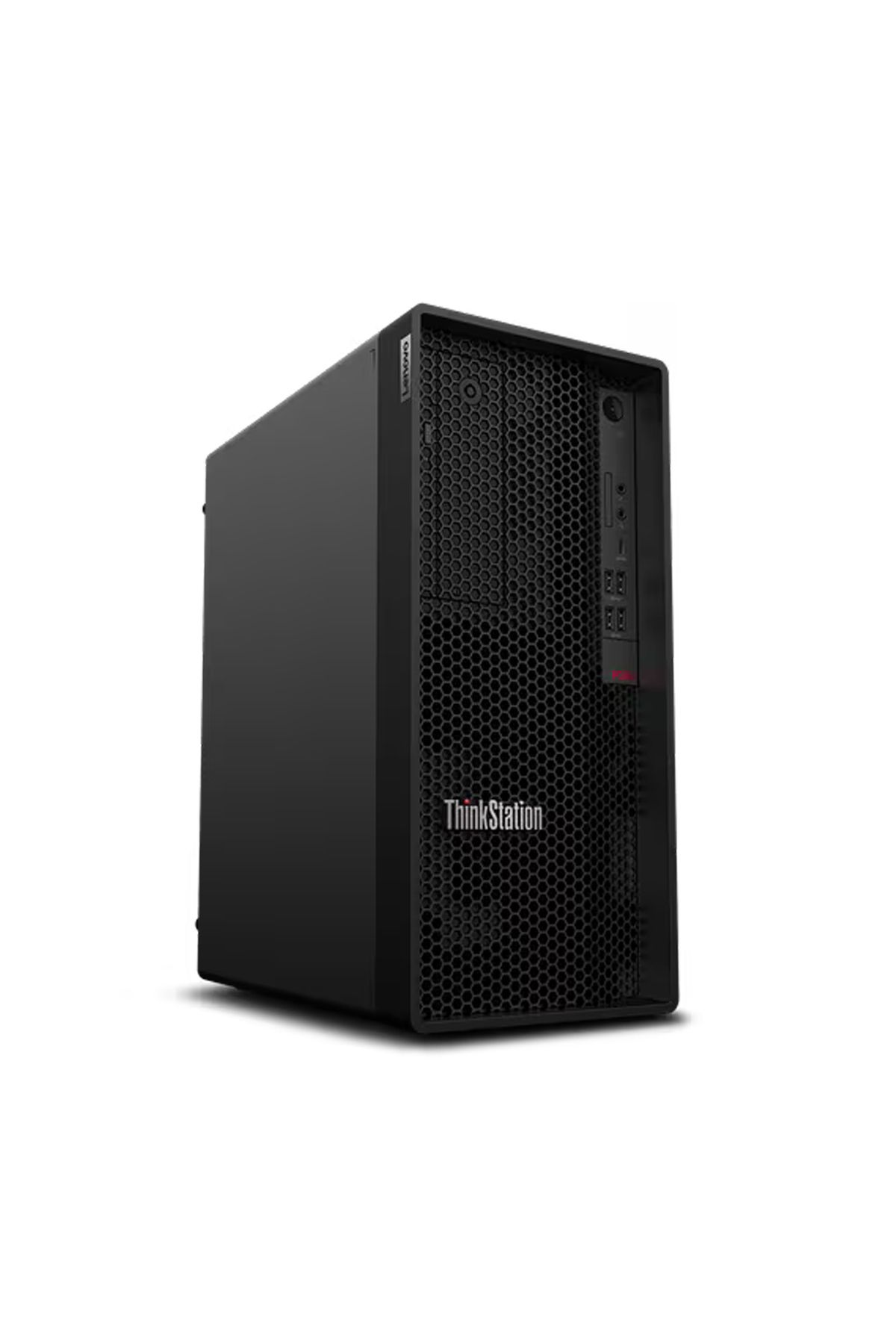 Bal peteği önlü siyah bir Lenovo ThinkStation masaüstü bilgisayar.