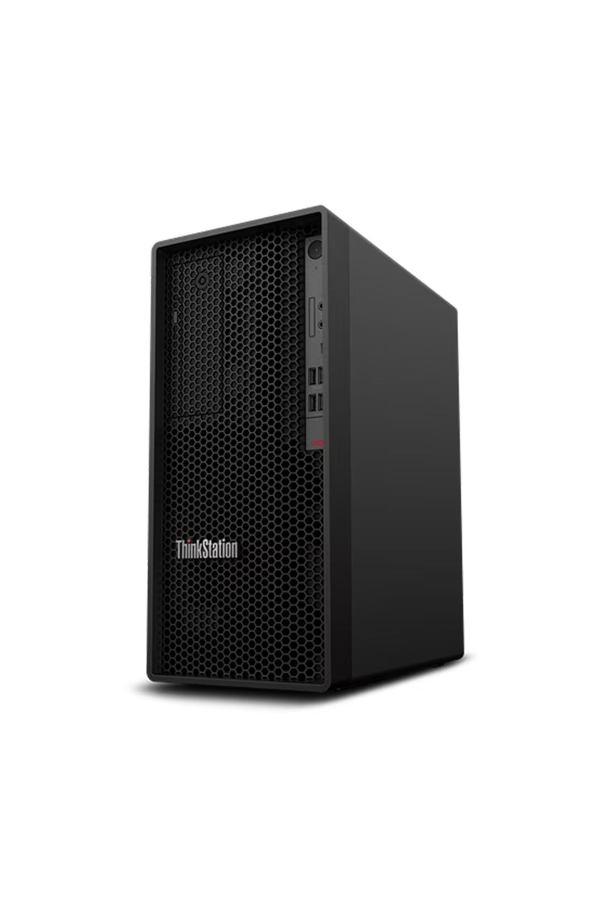 Beyaz arka plan üzerinde petek desenli ön panele sahip siyah Lenovo ThinkStation PC.