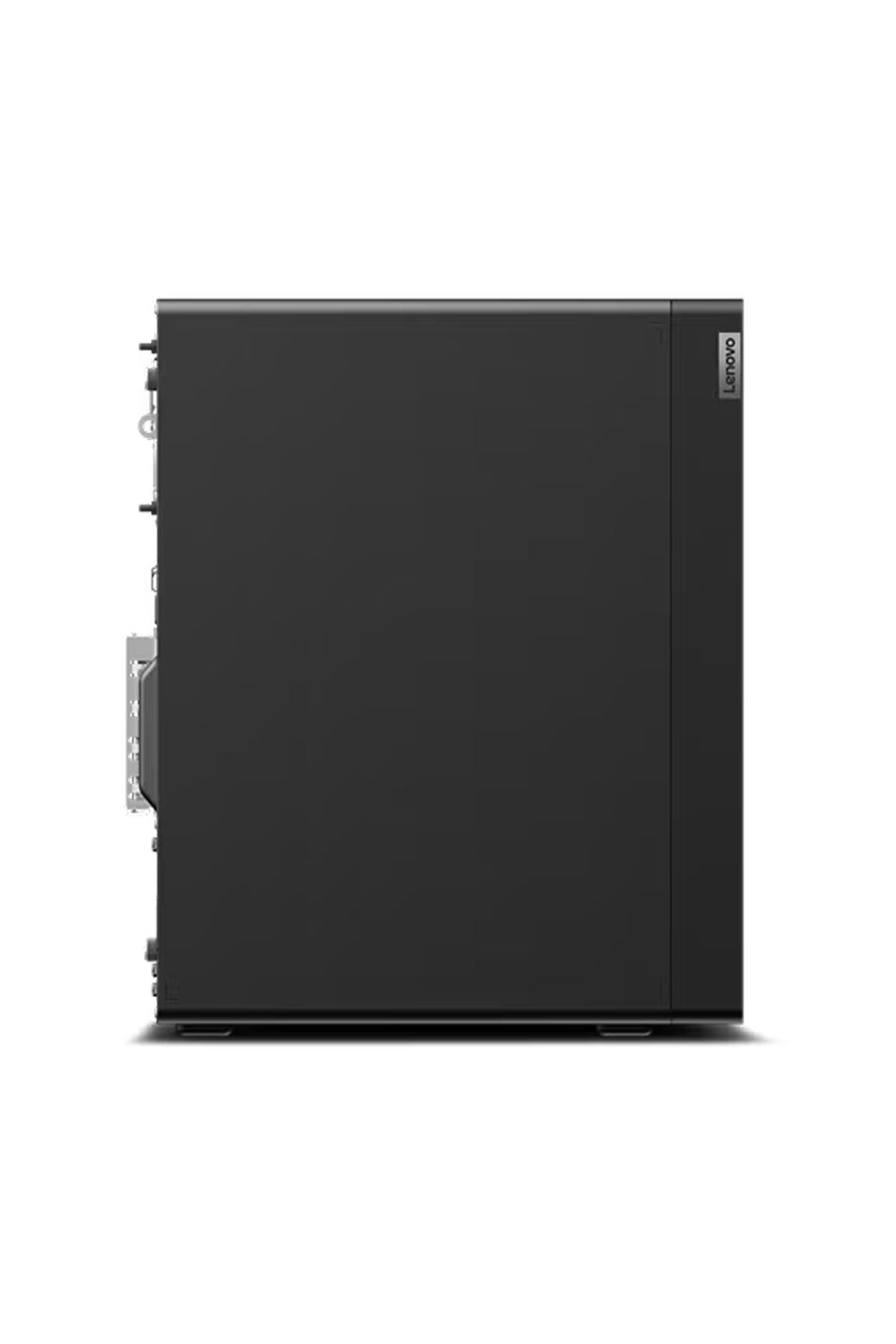 Siyah Lenovo tower PC, arkada bağlantı noktaları olan yan görünüm.