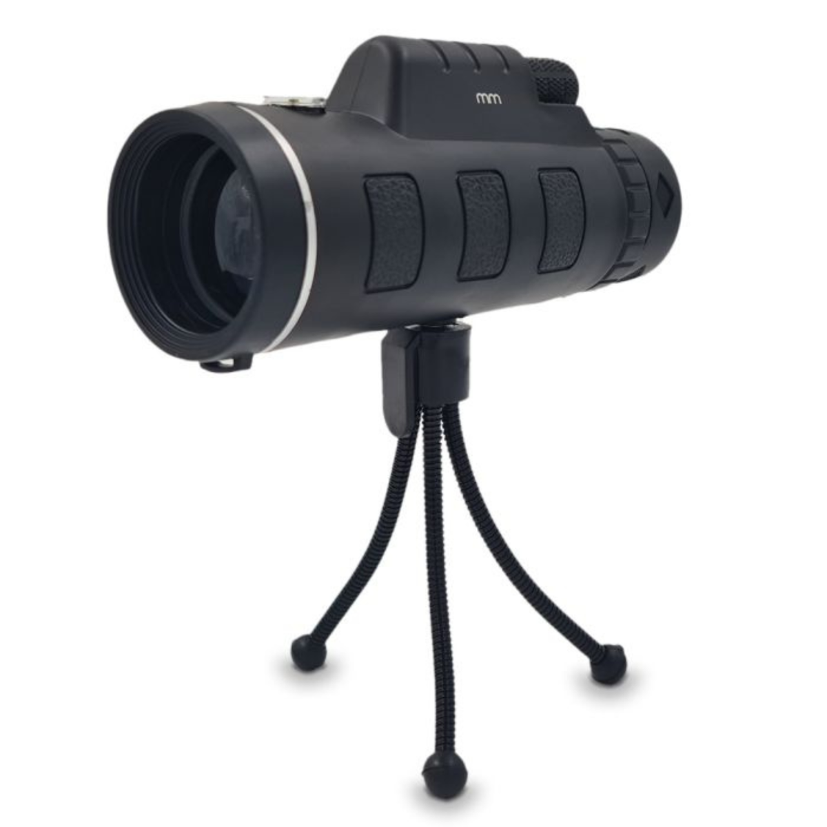 A black monocular with a small tripod, set against a white background.