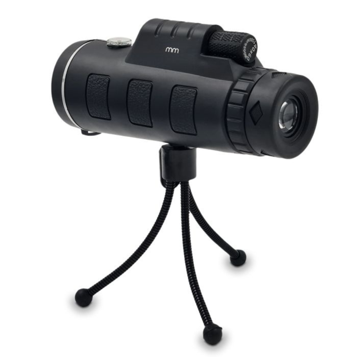 A black monocular with a tripod, on a white background.