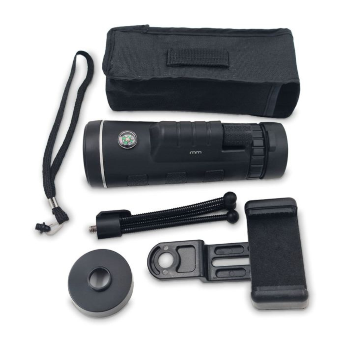 Black monocular telescope with compass, strap, tripod, and phone holder.