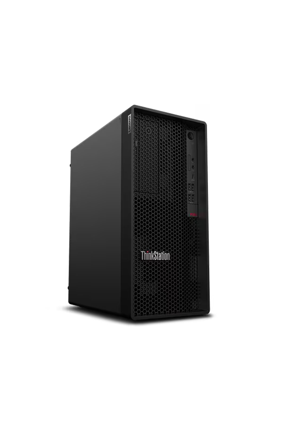 Beyaz arka plan üzerinde siyah bir Lenovo ThinkStation masaüstü bilgisayar.