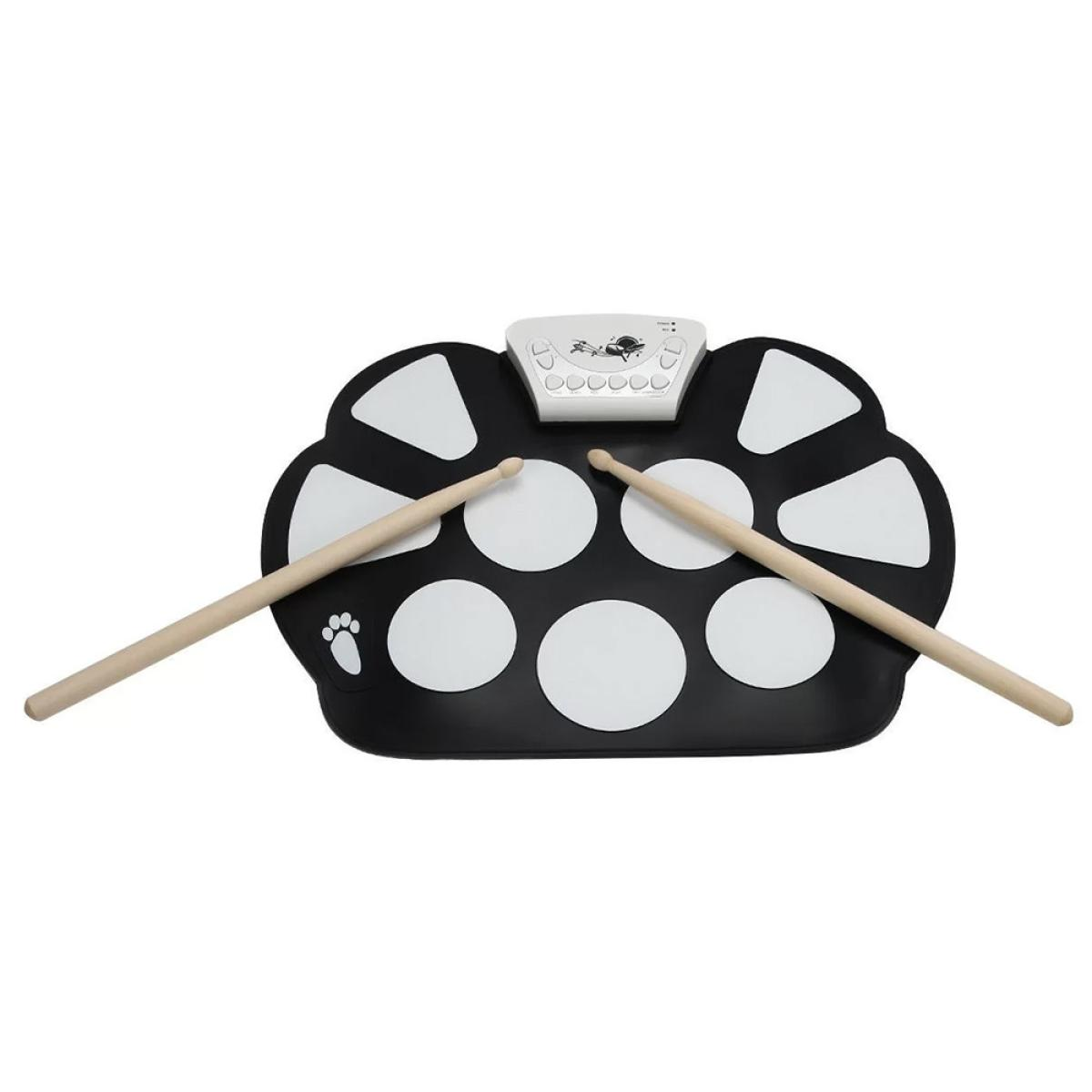 A black portable electronic drum set with white pads and two drumsticks.