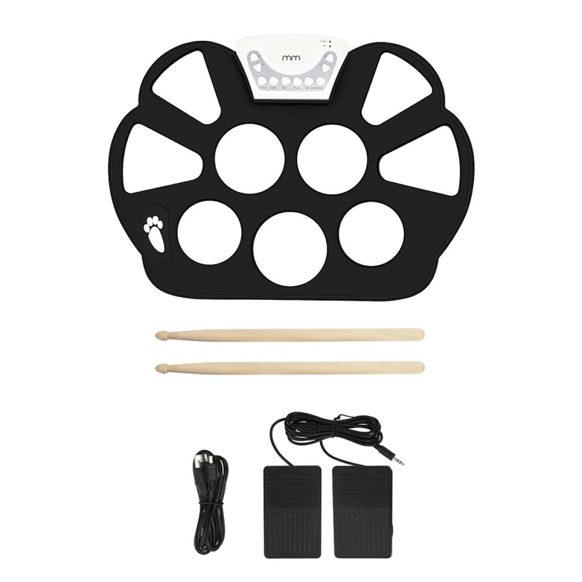 Black foldable electronic drum set with two drumsticks and pedals.