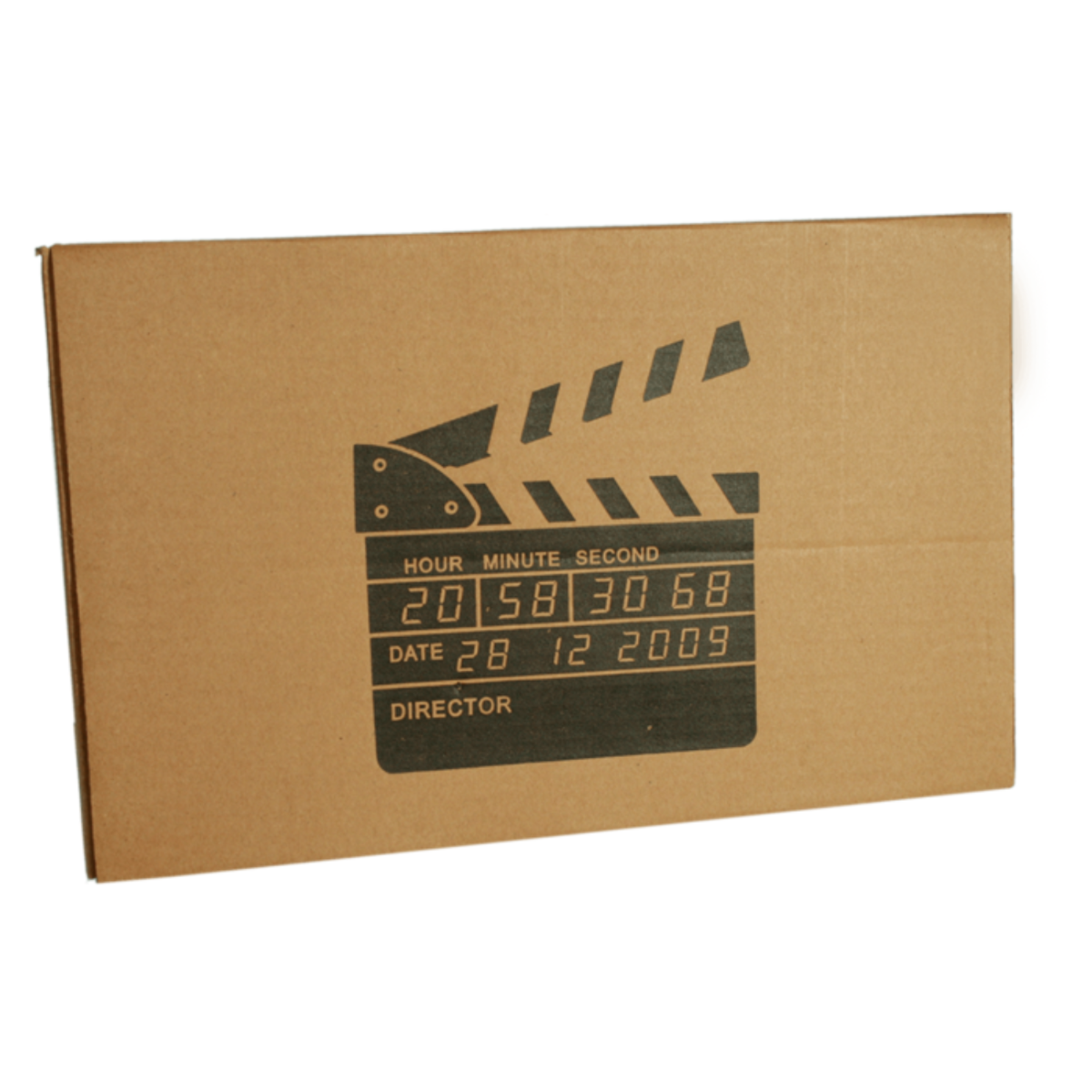 Brown cardboard box with black clapperboard design, dated 28 12 2009.