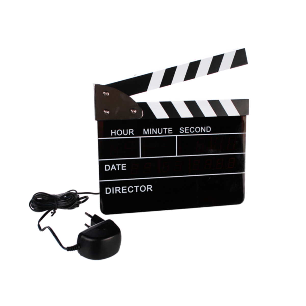A black clapboard with white stripes, connected to a power adapter.